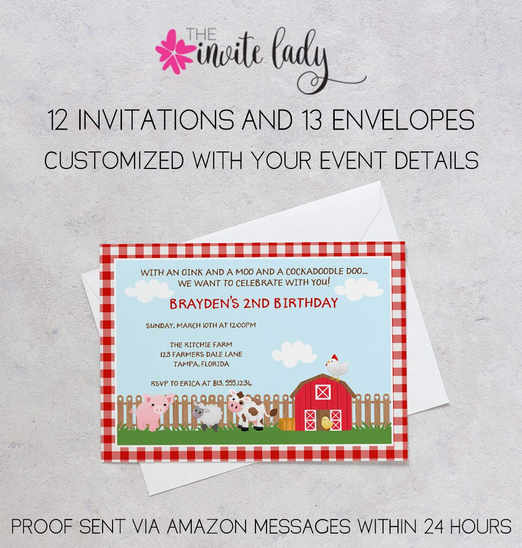 Amazon.com : Barnyard Birthday Party Invitations Barn Farm Invites Red  Gingham Plaid Picnic Cow Sheep Chicken Animals Pig Petting Zoo Boy Girl  Customized Printed Cards (12 count) : Home & Kitchen