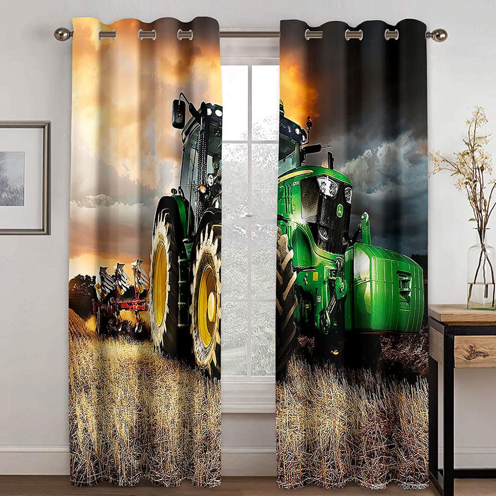 Blickdicht Vorhang für Schlafzimmer Wohnzimmer - Grün Traktor Bauernhof - 3D Druckmuster Öse Thermisch isoliert - 150 x 166 cm - 90% Blickdicht Vorhang für Kinder Jungen Mädchen Spielzimmer