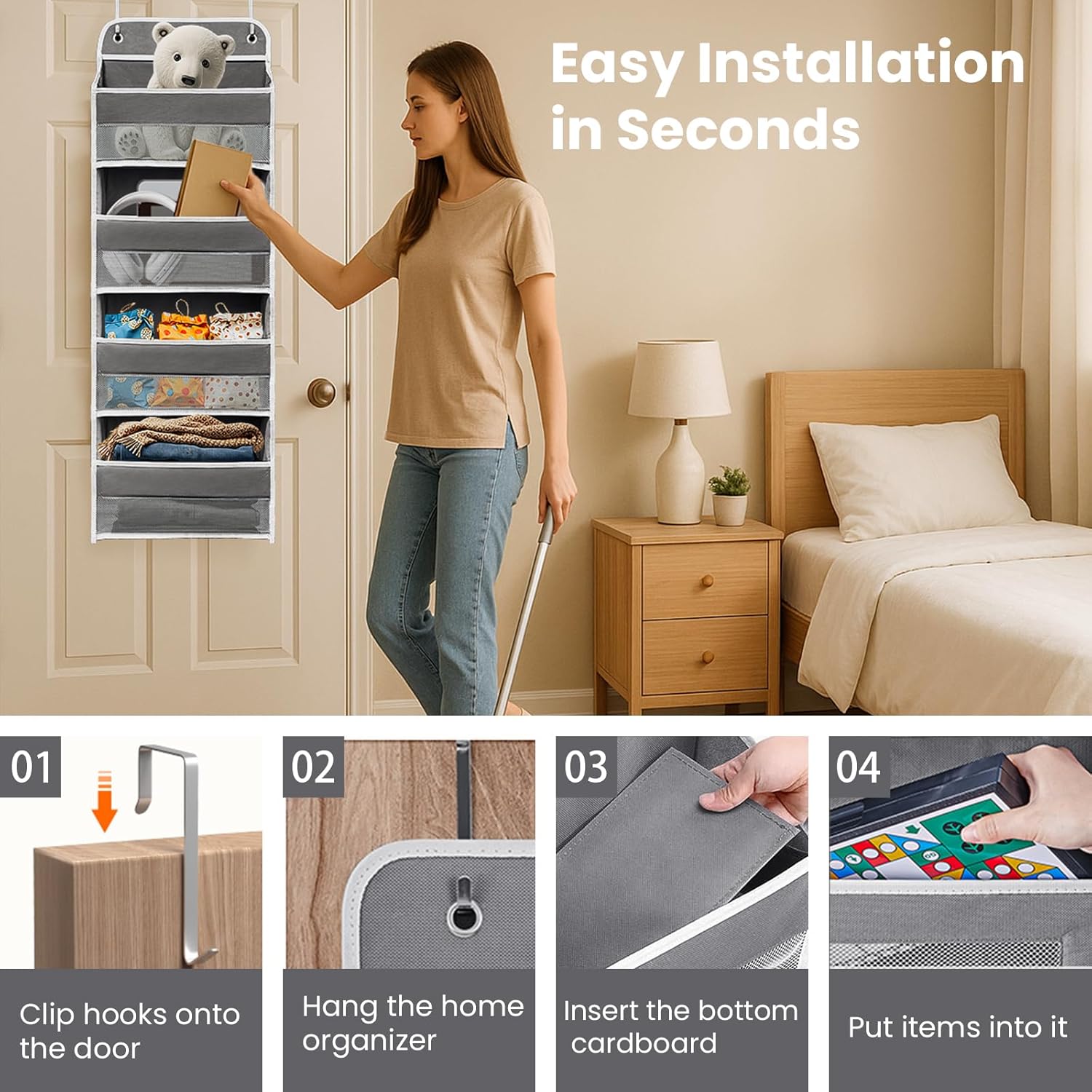 Over The Door Organizer with LifetimeWarranty, 4 Shelves & 4 Side Pockets, Large Storage Rack Holds 44lb, Heavy-Duty Reinforced Mesh Shelf for Bathroom, Closet, Toy Organization, Shoes, Towels, Grey - Image 5