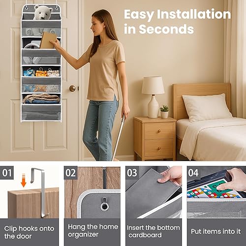 Miniatura 5 de Organizador sobre la puerta con 4 bolsillos laterales de malla, capacidad de peso de 44 libras para colgar detrás de la puerta, almacenamiento
