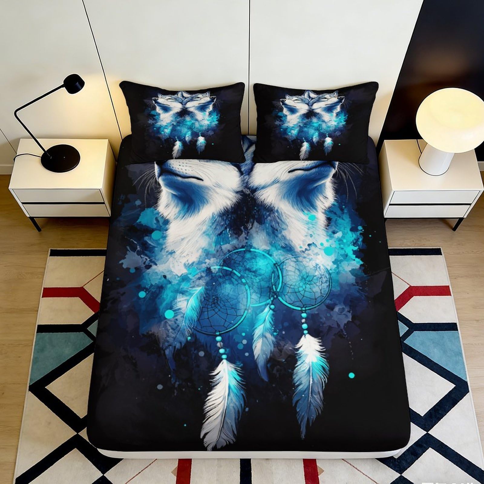 3D Printed Blue Wolf Dreamcatcher Fitted Sheet Microfiber Soft Breathable Abstract Art Bed Cover for Bedroom Dormitory Guest Room Mattress Protection 120x200x25cm