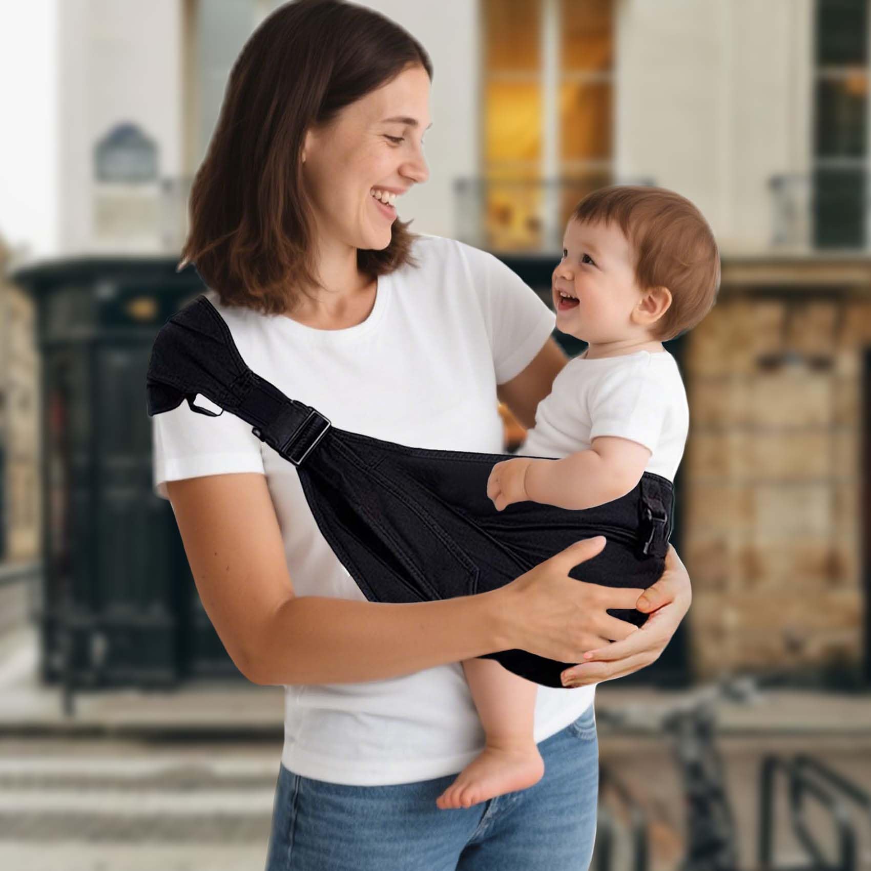 JOYNCLEON Portabebè Fisiologico da Neonato a Bambino, Fascia Portabebè Laterale con Spallone Extra Largo, Regolabile ed Ergonomico 0-36 Mesi, per Viaggi e Supporto Anca Sano (Nero)