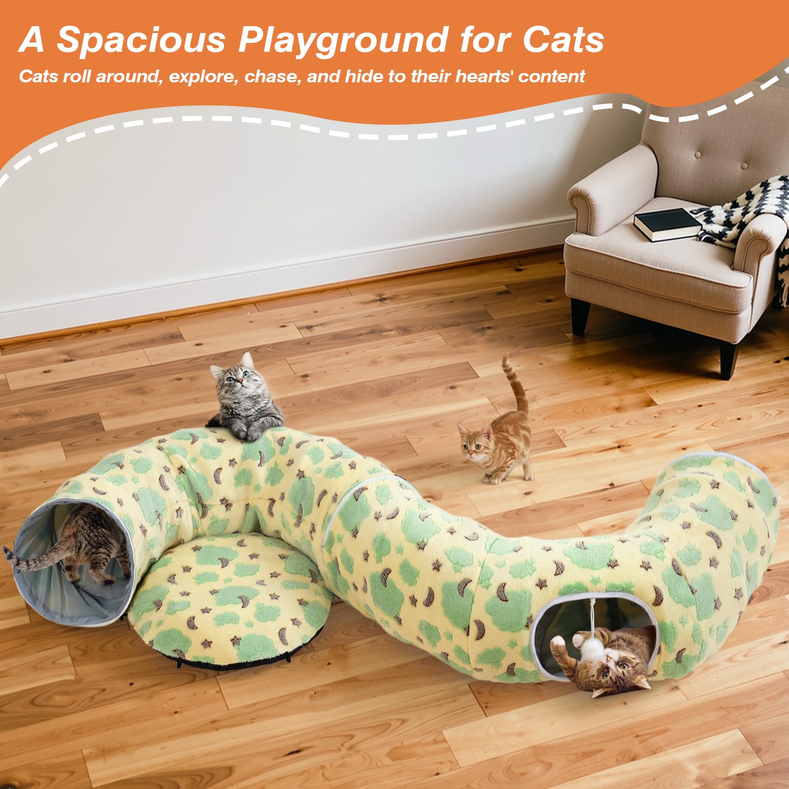 Tivray Tunnel per Gatti sotto L'albero di Natale, Letto-Tunnel in Peluche 90 cm con Palla Giocattolo e Cuscino Circolare, Grotta Interattiva Peekaboo, Regalo di Natale, Giallo & Nuvole