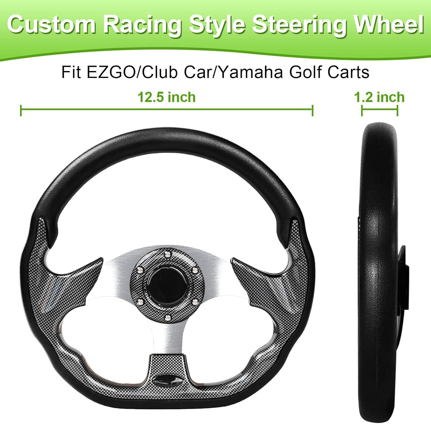 Golf Cart Steering Wheel fit EZGO RXV & TXT, Club Car DS, Club Car Precedent Tempo, Yamaha Golf Carts(D Shape Design Silver)