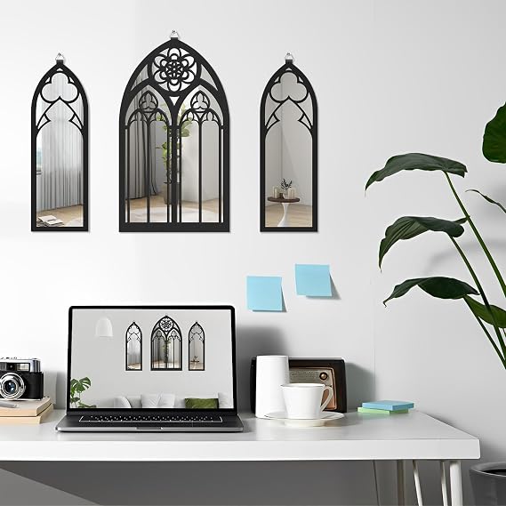 NIHUIFDPY 3Pcs Gothic Mirrors Wall Decor, Arched Mirrors Wall Mounted, Vintage Cathedral Arch Wood Framed Mirror, Decorative Goth Mirror Sticker with Hanging Ring for Bedroom Living Room (G model)