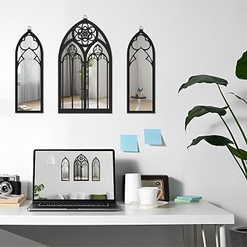 NIHUIFDPY 3Pcs Gothic Mirrors Wall Decor, Arched Mirrors Wall Mounted, Vintage Cathedral Arch Wood Framed Mirror, Decorative Goth Mirror Sticker with Hanging Ring for Bedroom Living Room (G model)