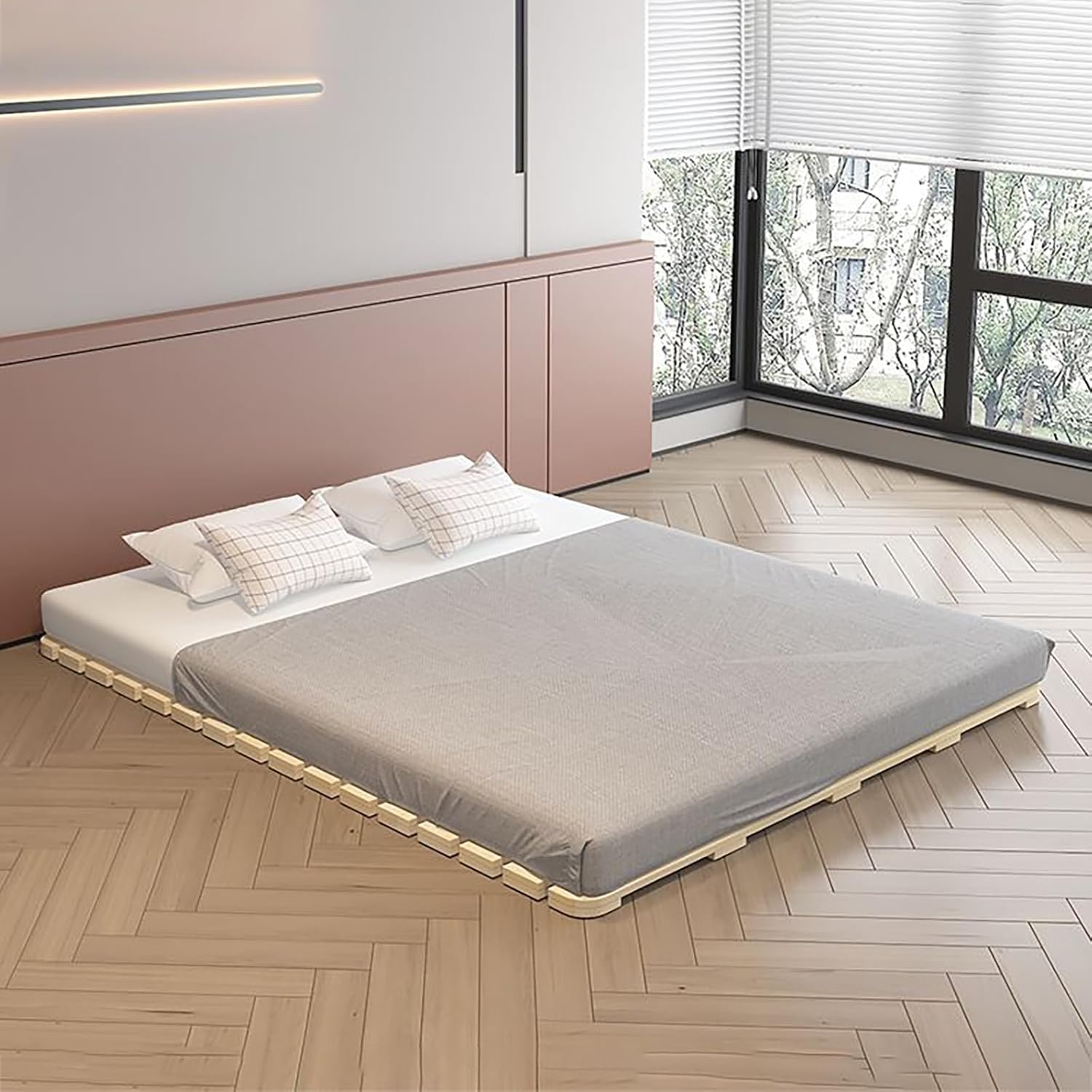 Folding Bed Frame, Natural Solid Wood Bed Frame,Japanese Platform Bed Frame Wooden Slatted Pallet Floor Bed, Roll-Up Slatted, 79" Lx39.4 W