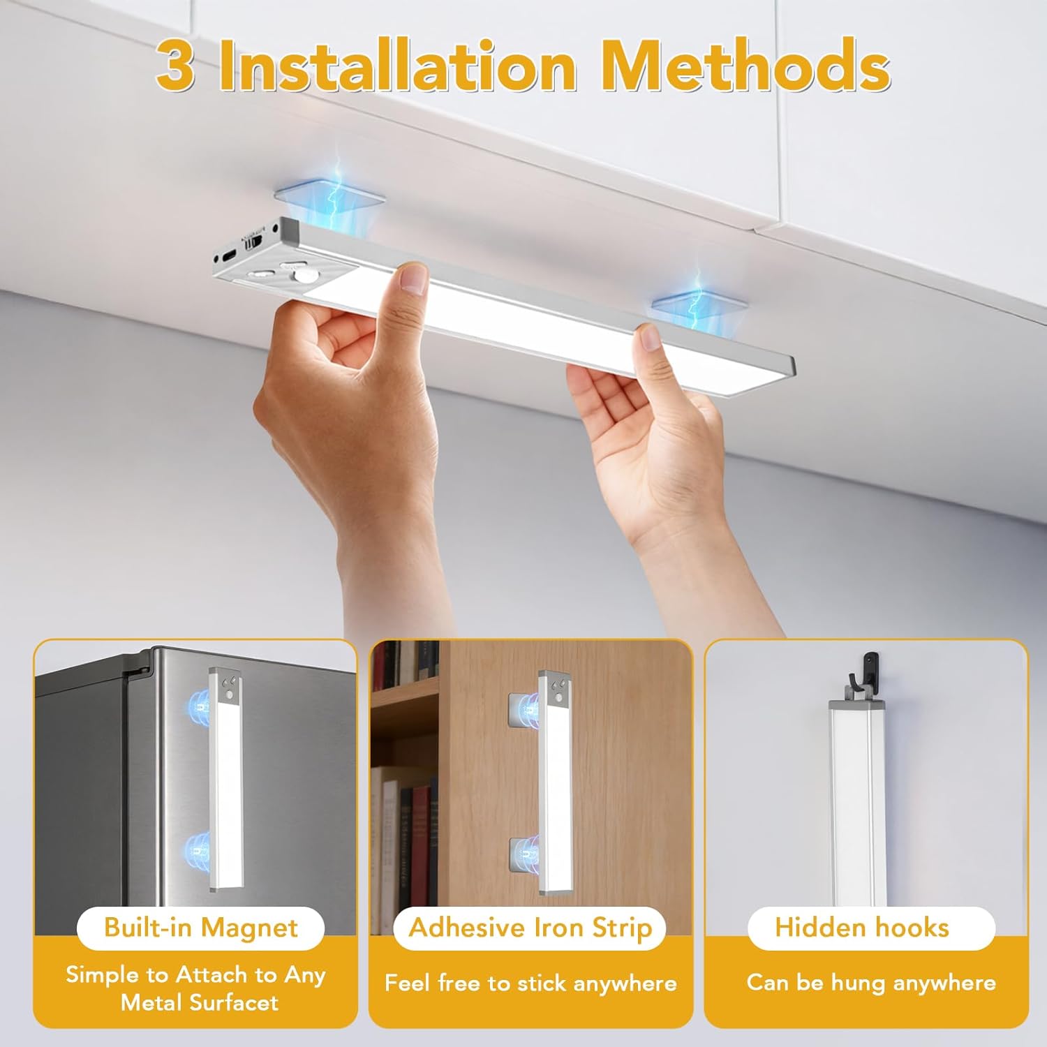Under Cabinet Lighting, LED Motion Sensor Light Indoor with 3 Color Temps, 2500mAh USB Rechargeable Closet Light, Dimmable Wireless Under Counter Lights for Stairway, Wardrobe, Kitchen(13Inch, 2 Pack)