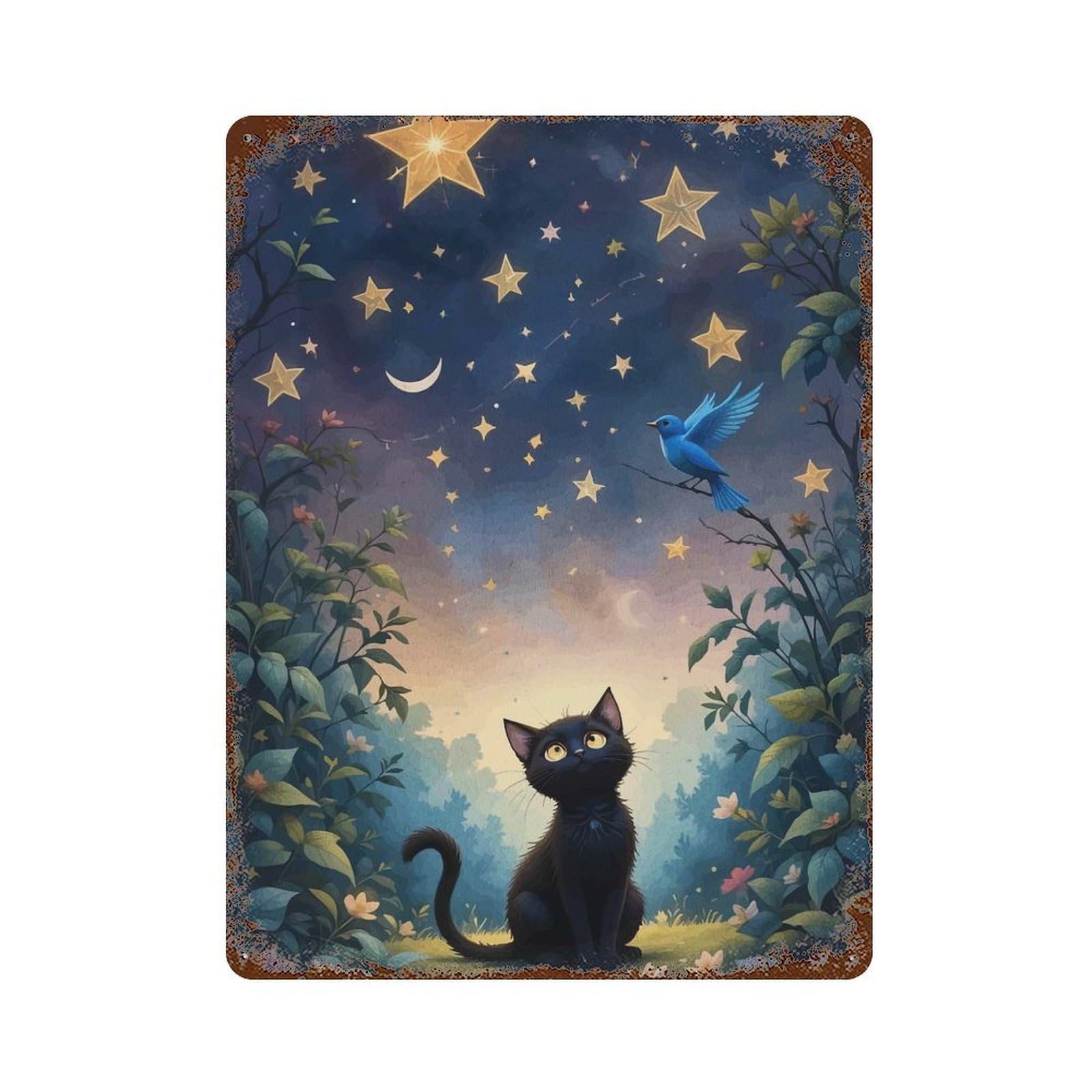 Rust Effect Black Cat Stargazing with Bluebird Rusty Metal Tin Sign 15.7"x11.8", Farmhouse Wall Decor for Shed, Workshop And Garage Wall Decor