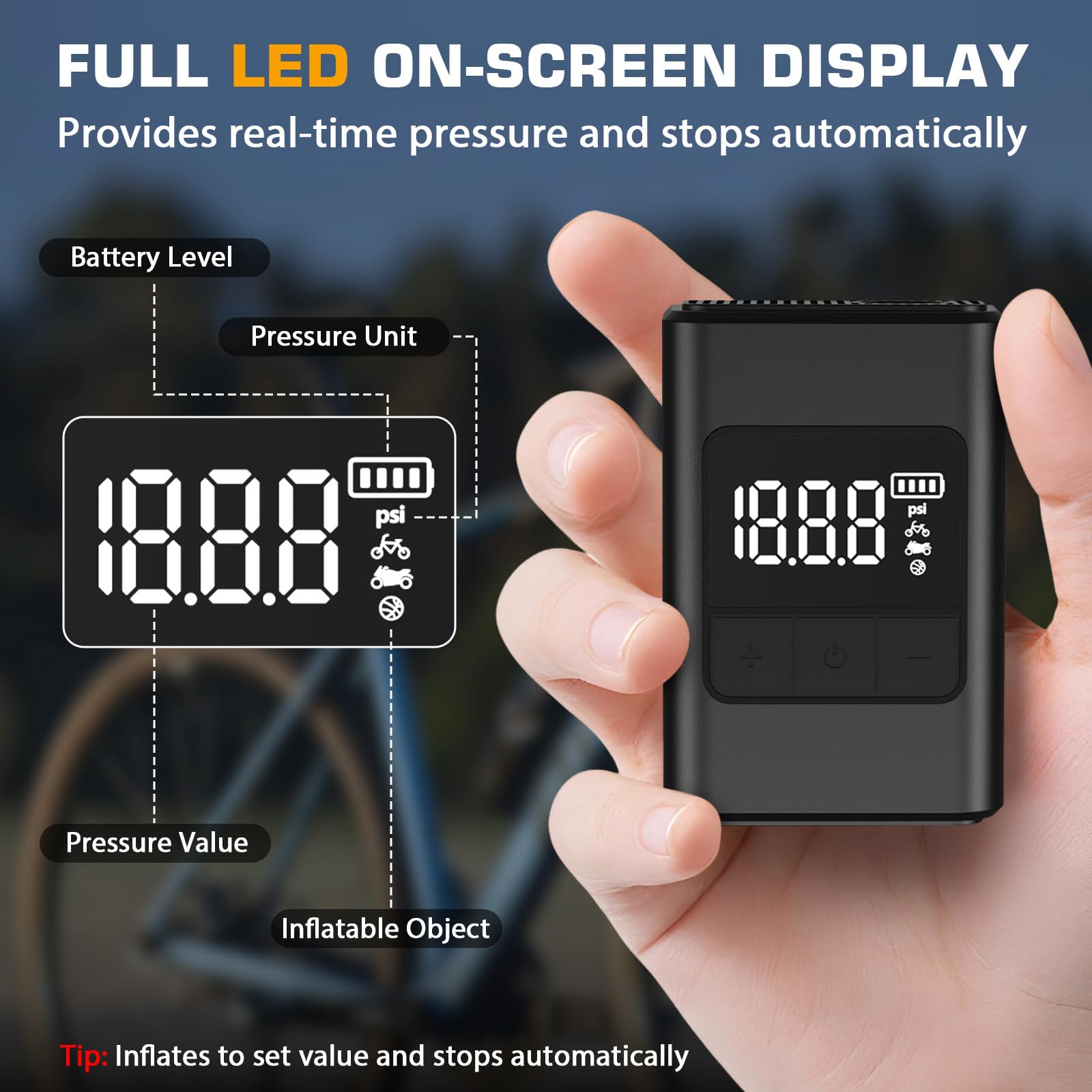 Pompe à Vélo Electrique Mini Pompe Portable avec Manometre LED Max 120 PSI avec Fonction d'arrêt Automatique du Gonflage Valves Presta et Schrader Idéale Vélos Ville VTT Velo Electrique Route et Moto