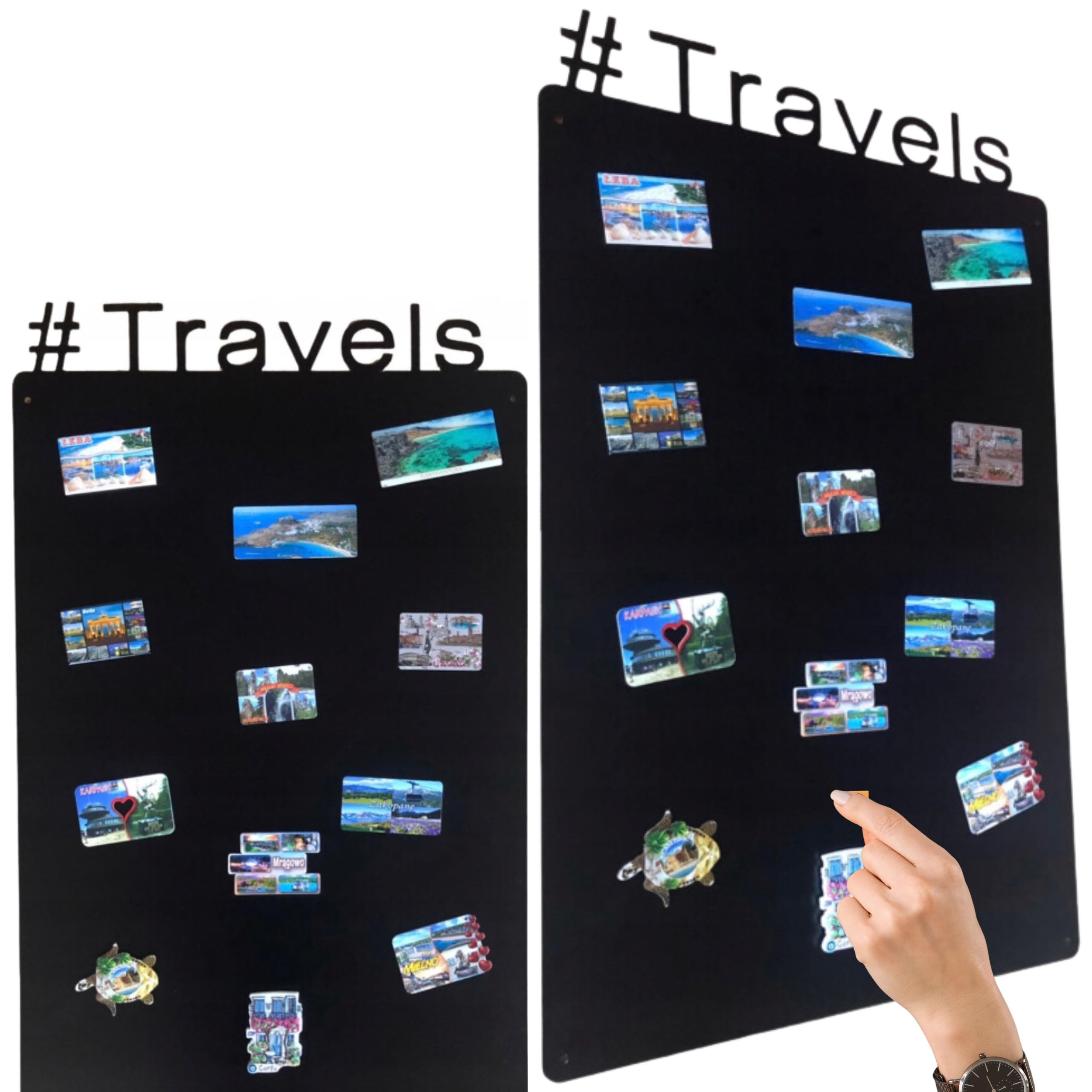 Lavagna Magnetica da Parete in Acciaio Nera Travels 80x50 cm, Black Memo-Board, Pannello Magnetico per Calamite, Lavagna da Cucina, Ufficio, Camera dei Bambini