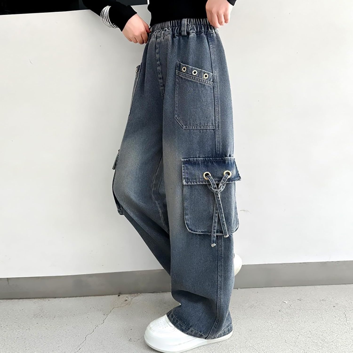Girls Cargo Pants Baggy Wide Leg Elastic Waist Trendy Y2k Distressed Denim Pants Teen Loose Streetwear Long Trousers