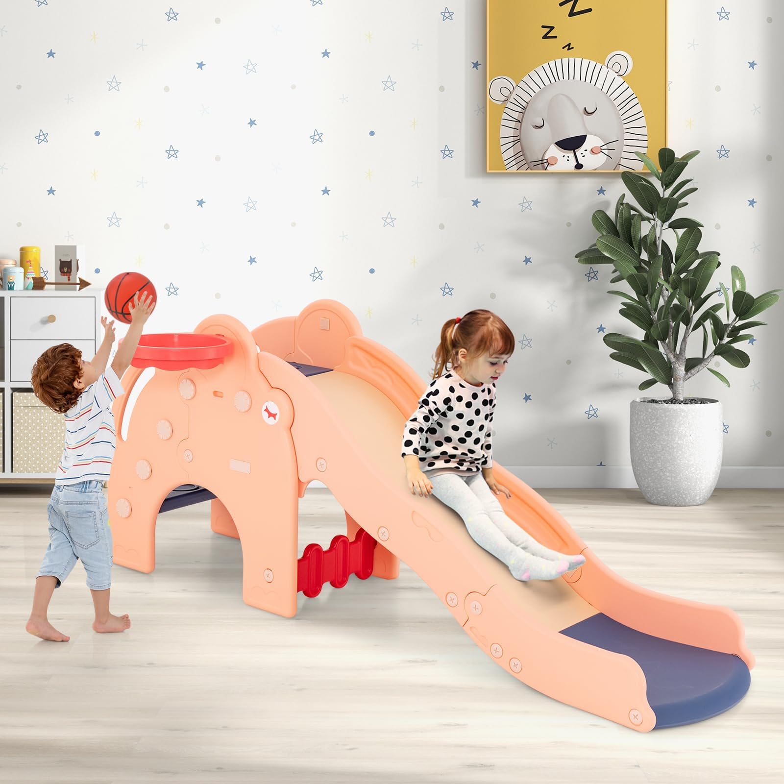 RELAX4LIFE 4 in 1 Scivolo per Bambini, Centro Attività con Scaletta da Arrampicata e Cestino da Basket, Uso Interno o Esterno, Parco Giochi Multifunzionale per Bambini 1-4 Anni (MODELLO 3-ROSA)