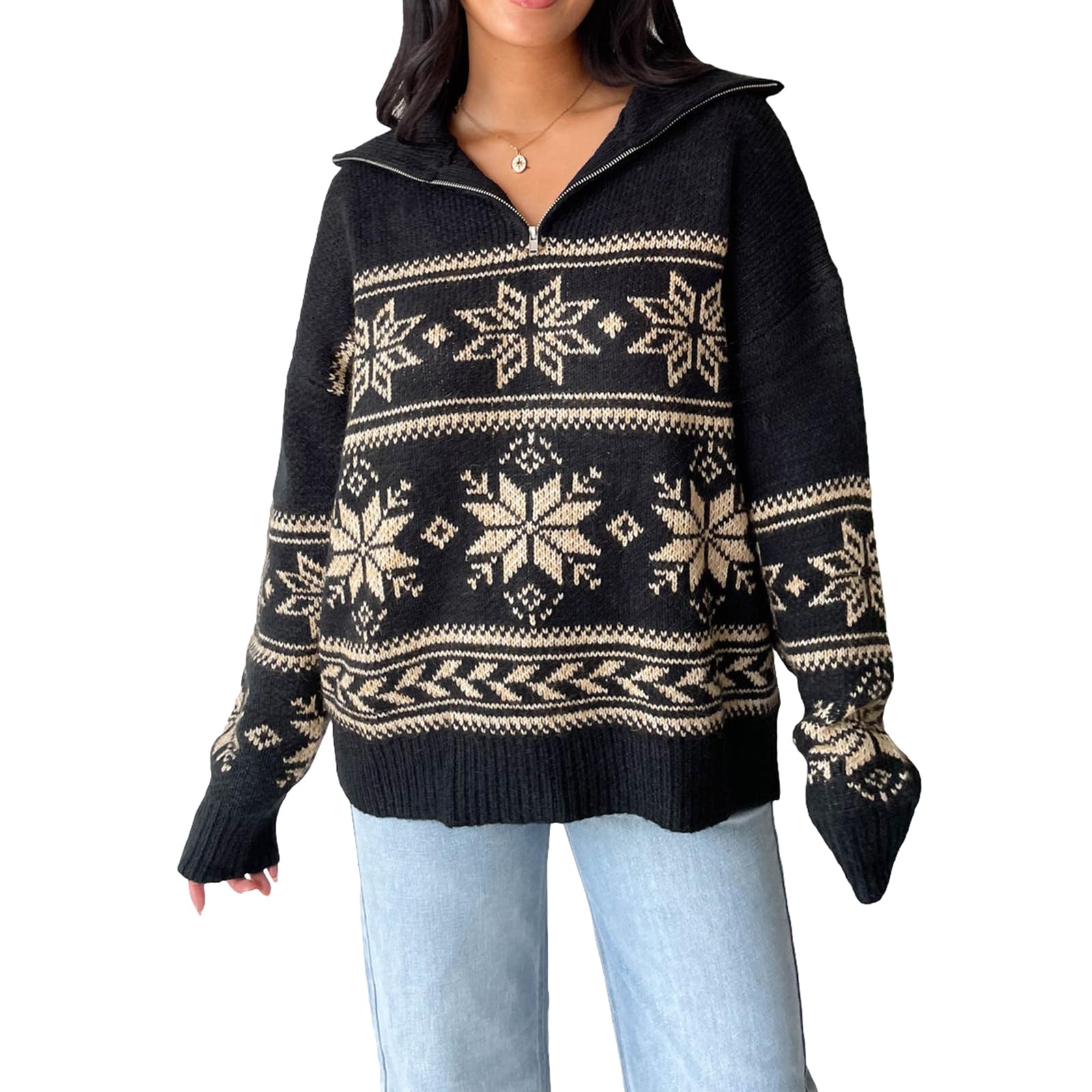 Women Christmas Pullover Sweater Long Sleeve 1 4 Zip Turn-Down Collar Snowflake Knitted Sweater Top