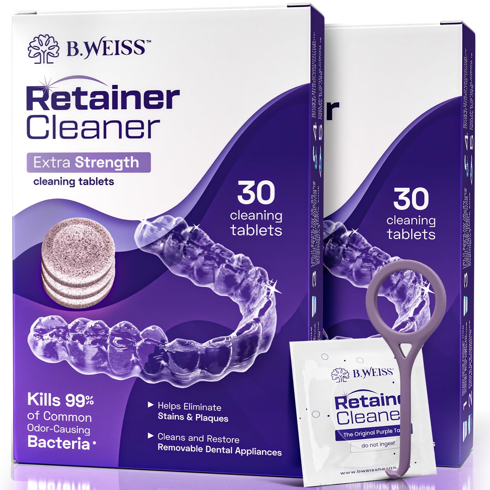 Weiss Naturals Retainer Cleaner Tablets, Invisalign Cleaner, Remove Stains, Odors & Plaque, PERSULFATE FREE Night Guard & Denture Cleaner 2-Month Supply, 60 Grape Scented Tablets