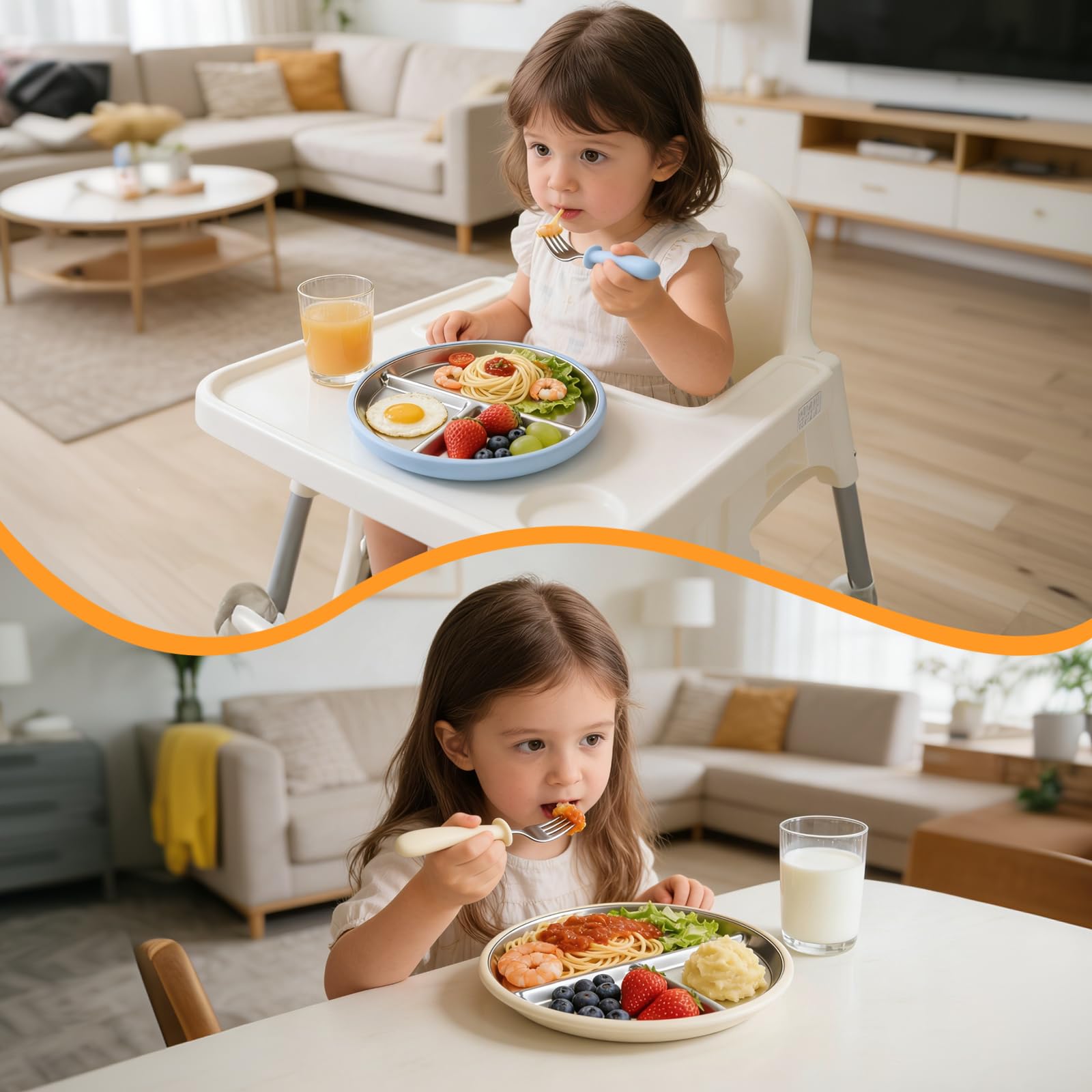 2 Assiettes En Acier Inoxydable Avec Ventouse Pour Bébé Et Set De 2 Cuillères Et Fourchettes, Ustensiles Pour Bébé, Assiettes Divisées Pour L'Alimentation Autonome
