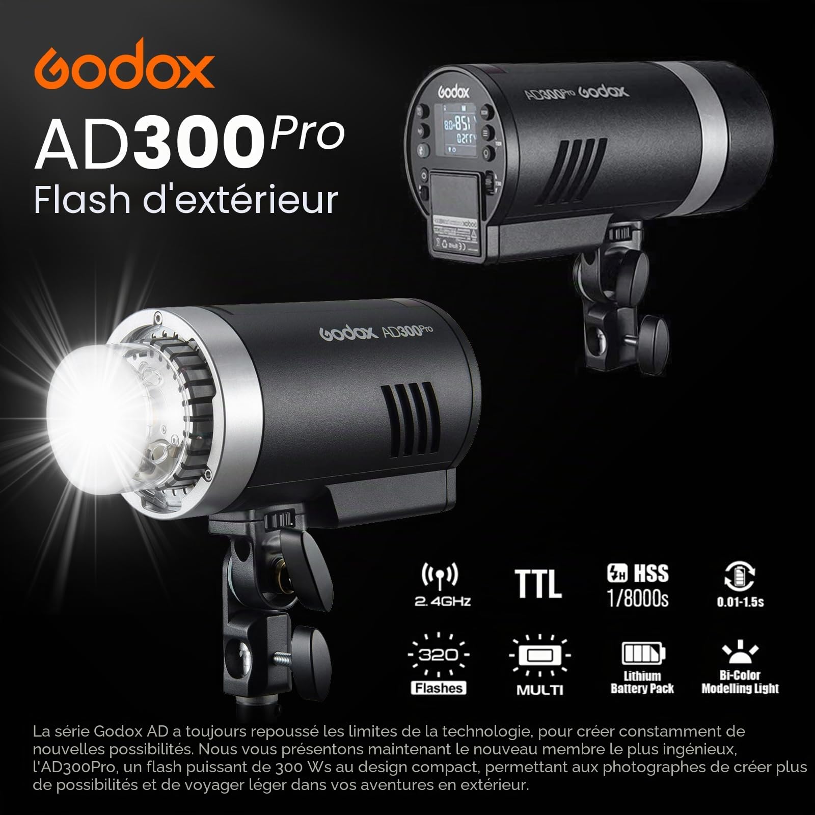 Godox AD300 Pro AD300Pro Flash de Studio, 300W TTL Éclairage de Studio Stroboscope HSS 1/8000s, Lithium Batterie, 320 Flash de Pleine Puissance, Compatible pour Sony Canon Nikon Fuji Olympus Panasonic