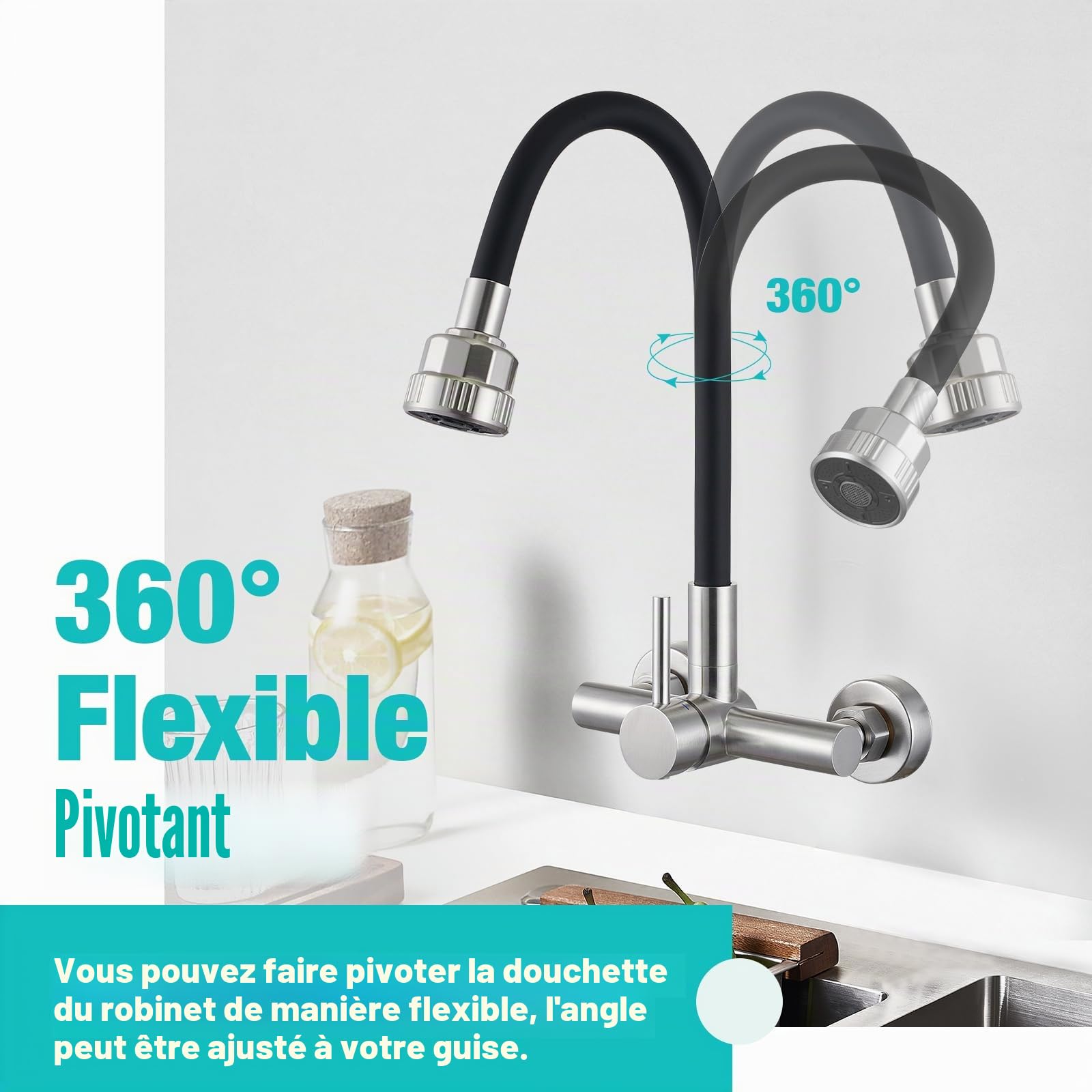 CREA Mural Robinet D'évier de Cuisine 360° Flexible avec Pulvérisateur Quatre Fonction, Mitigeur Monocommande avec Tuyau en Silicone Noir