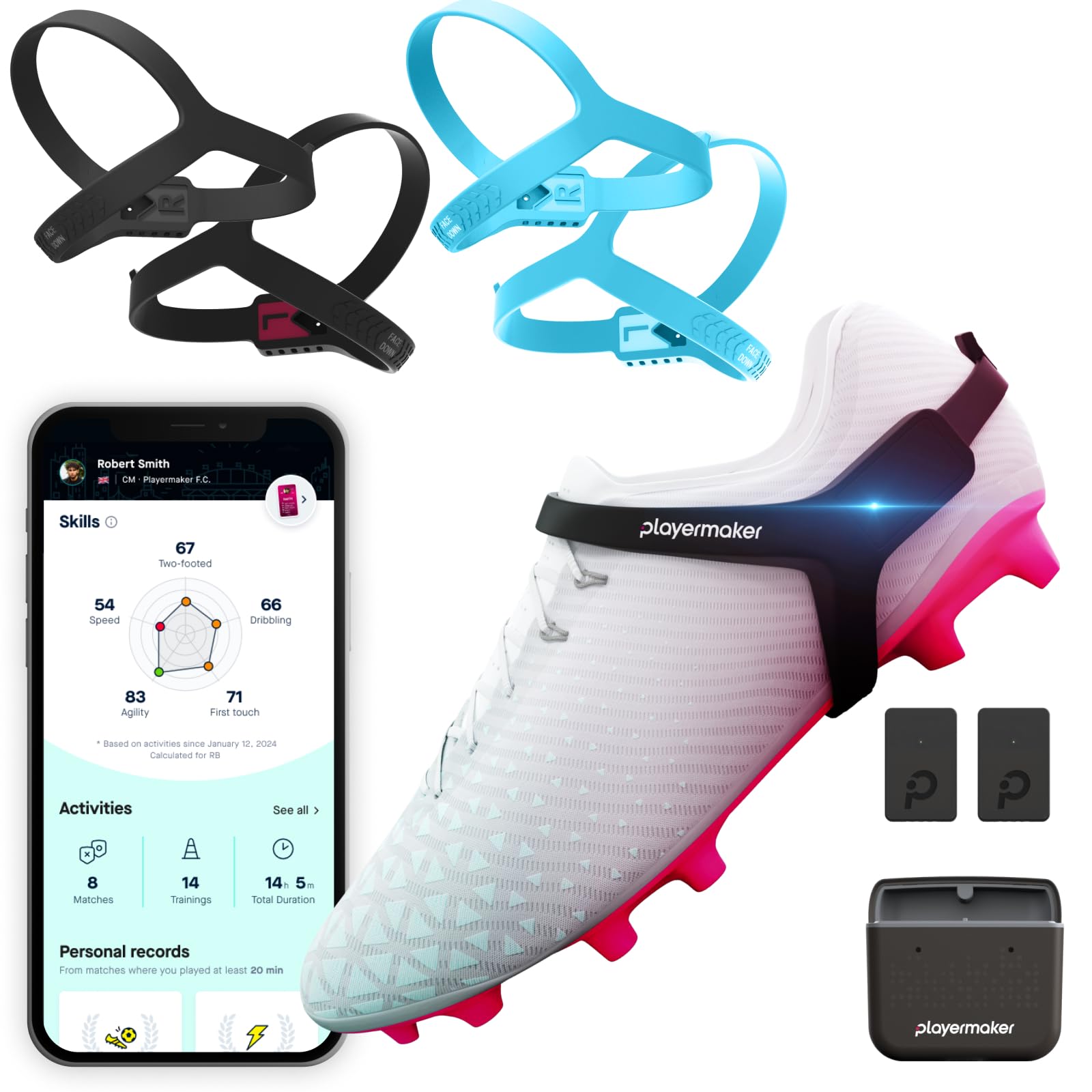 2.0 Soccer Tracker Kit Medium + Blue Medium Straps, Smart Soccer Tracker for Cleats by Playermaker, Track 25+ Technical & Physical Metrics, Advanced Than GPS