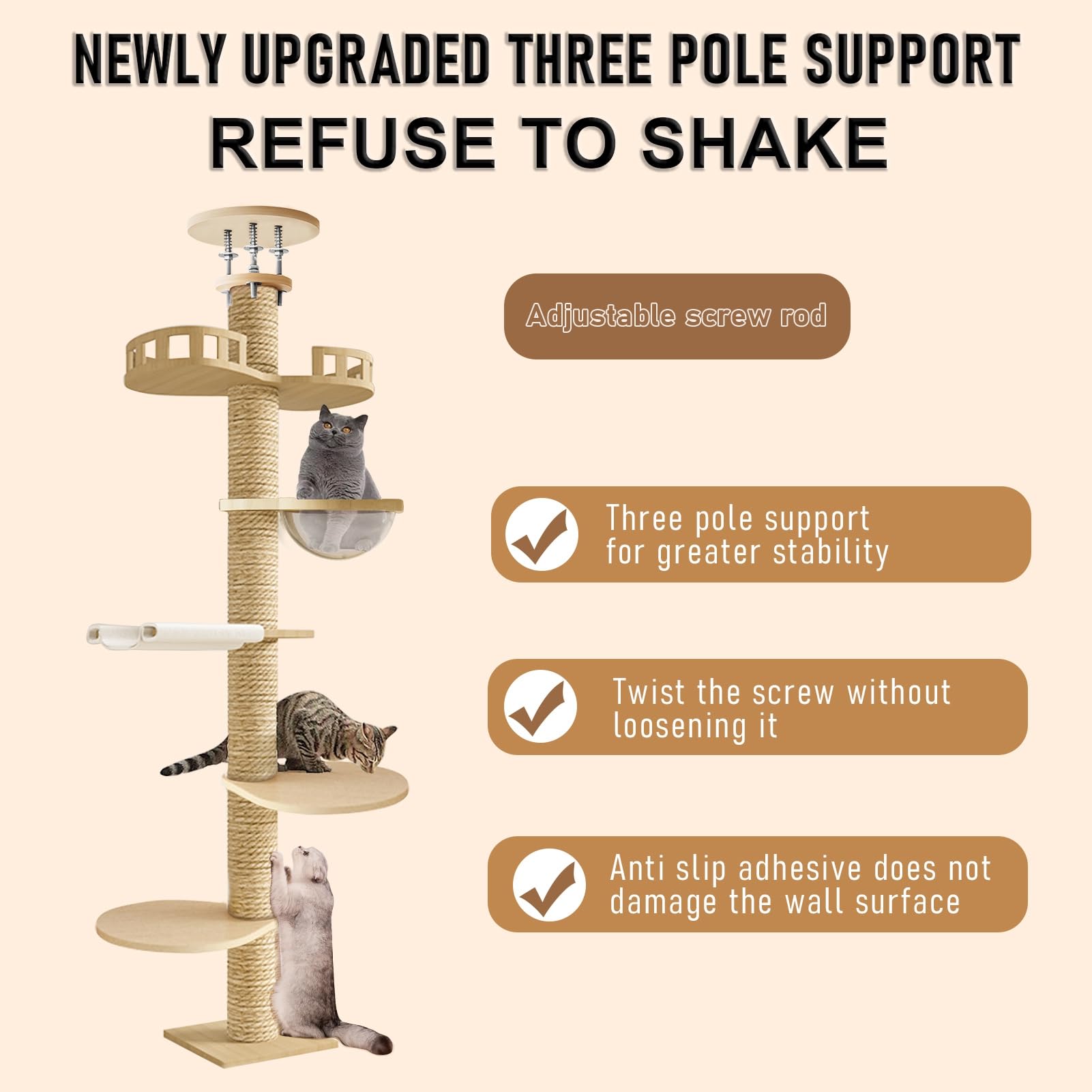 Árbol para gatos, torre moderna para gatos de suelo a techo, torre para gatos de altura ajustable con cuenco de hamaca, poste rascador de 6 niveles para gatos de interior, árbol de actividad