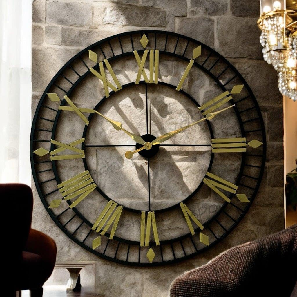 Vintage Clock Hand-Crafted Extra Large Wall Clock/Black & Gold Colour 