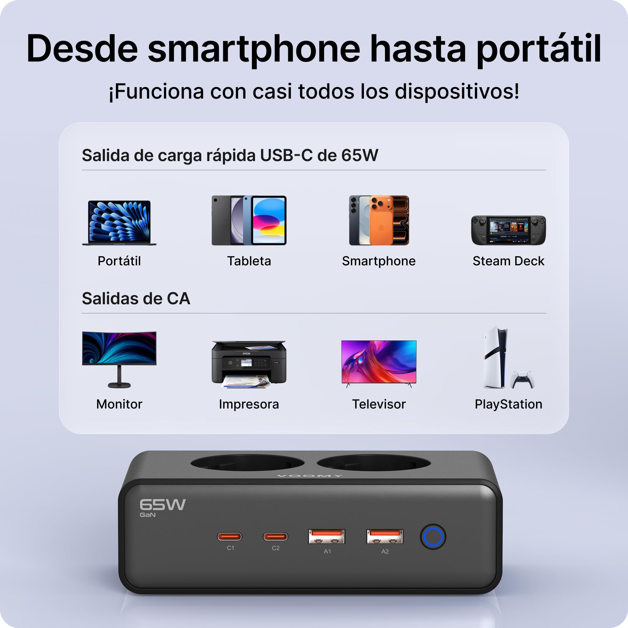 Voomy Regleta de Enchufes con Puertos USB de 65W, Protección contra Sobretensiones, Sobrecarga y Cortocircuito, Cierre de Seguridad, 2 Metros (Negro)