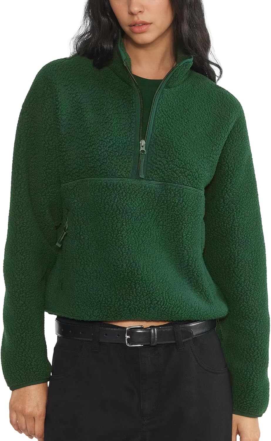 Womens Fleece Sweatshirts Cropped Half Zip Fuzzy Warm Sherpa Pullover Varsity Jackets with Zipper Pockets