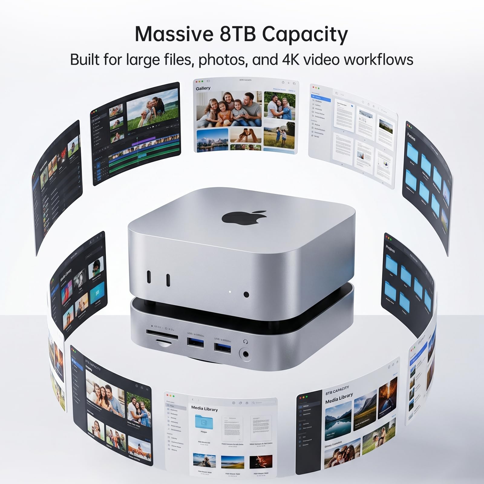 Netac Mac mini M4 Hub e supporto 9 in 1 con alloggiamento NVMe SSD da 10 Gbps (fino a 8 TB), dock con USB 3.2 x 2 e USB 2.0 x 2, porta 4K 240Hz DP 1.4 / audio 3,5 mm / audio 3,5 mm, SD/TF