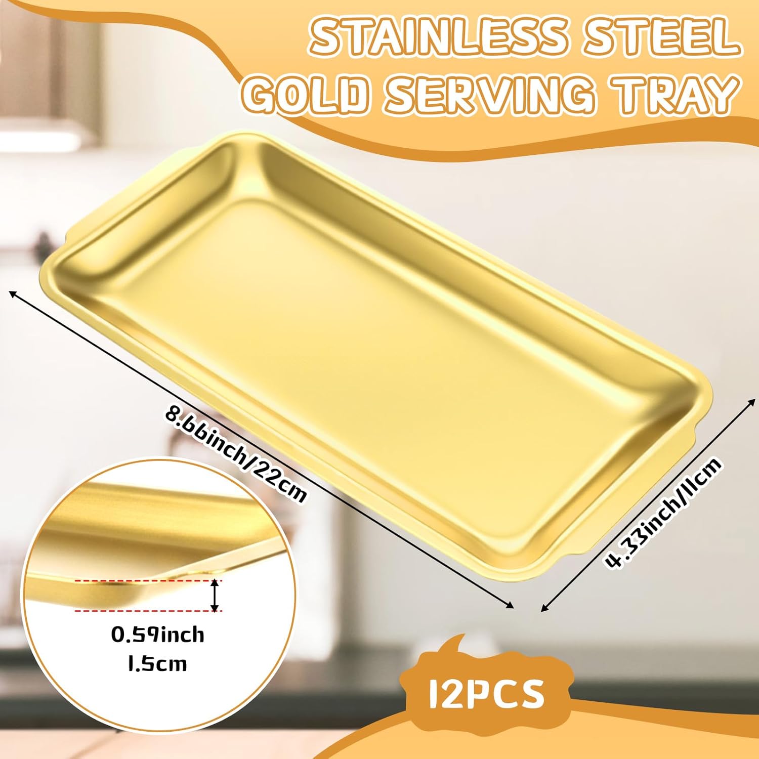 Gold 12 Pcs Small Stainless Steel Serving Tray Bulk 8.66'' x 4.33'' Rectangle Stainless Steel Food Serving Platter with Handle Vanity Tray Decorative Party Plate for BBQ Buffet Appetizer