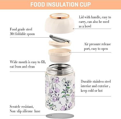 Miniatura 4 de Purple Yellow Bluebells Kids Womens Lunch Insulated Jar with Spoon 17oz500ml Hot Food Storage Stainless Steel Vacuum Leak Proof Insulated Jar for