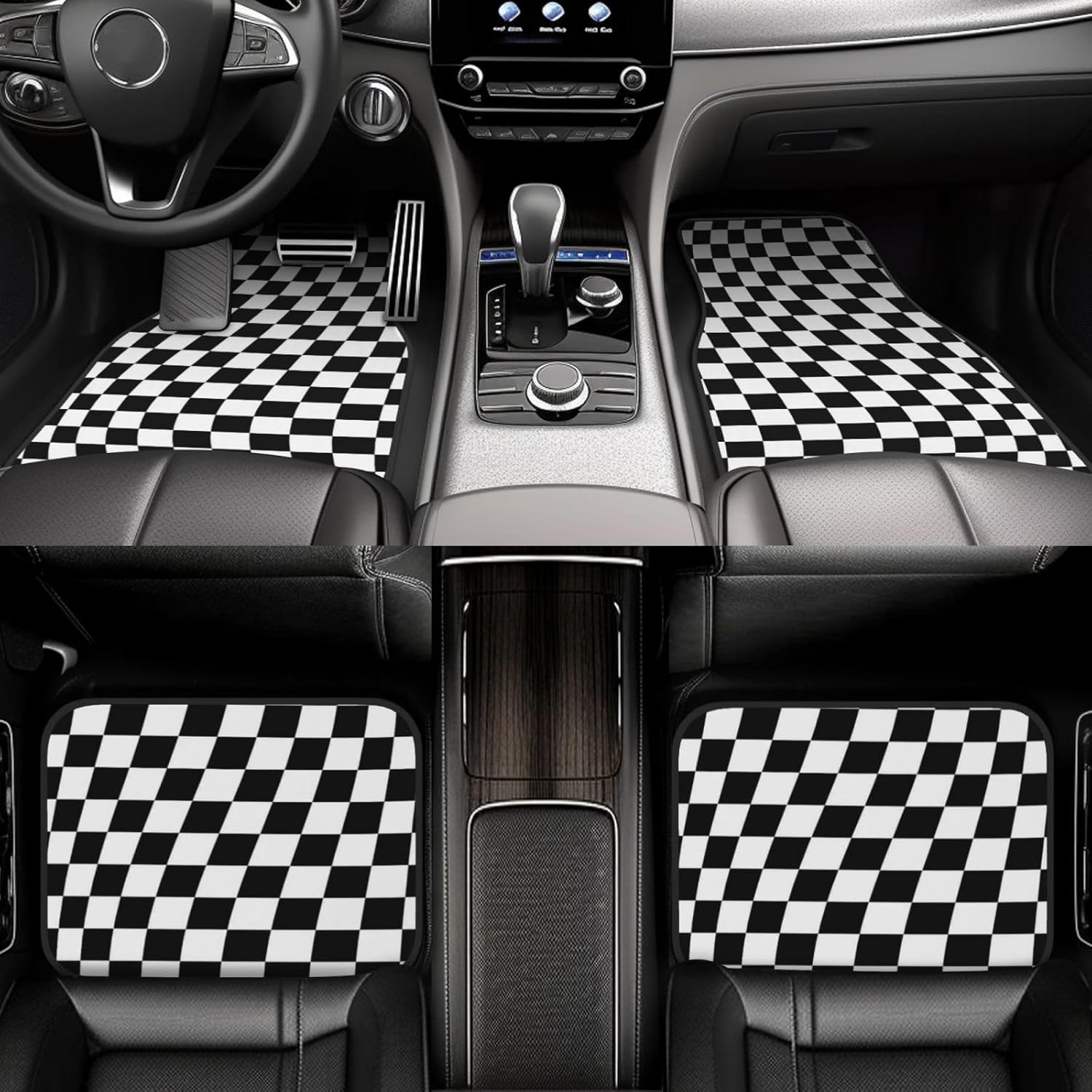 Generic Car Foot Mat Black and White Checkered Distortion Non-Slip Carpet Mats for Cars & Trucks,Decorative Front & Rear Vehicle Foot Rugs,4-Piece Car Floor Mat Set