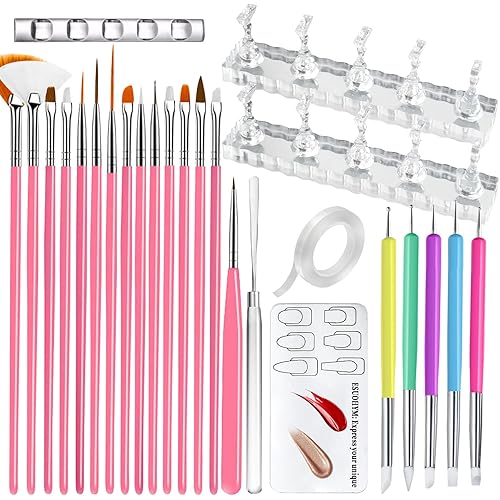 Nail Stand for Nail Art Display Practice 2 Set,15 PCS Nail Brush for Nail design, 5 PCS Dual-Ended Nail Sculpture Pen Dotting Tools, Nail Art Palette & Nail Stirring Rod For Home DIY & Salon