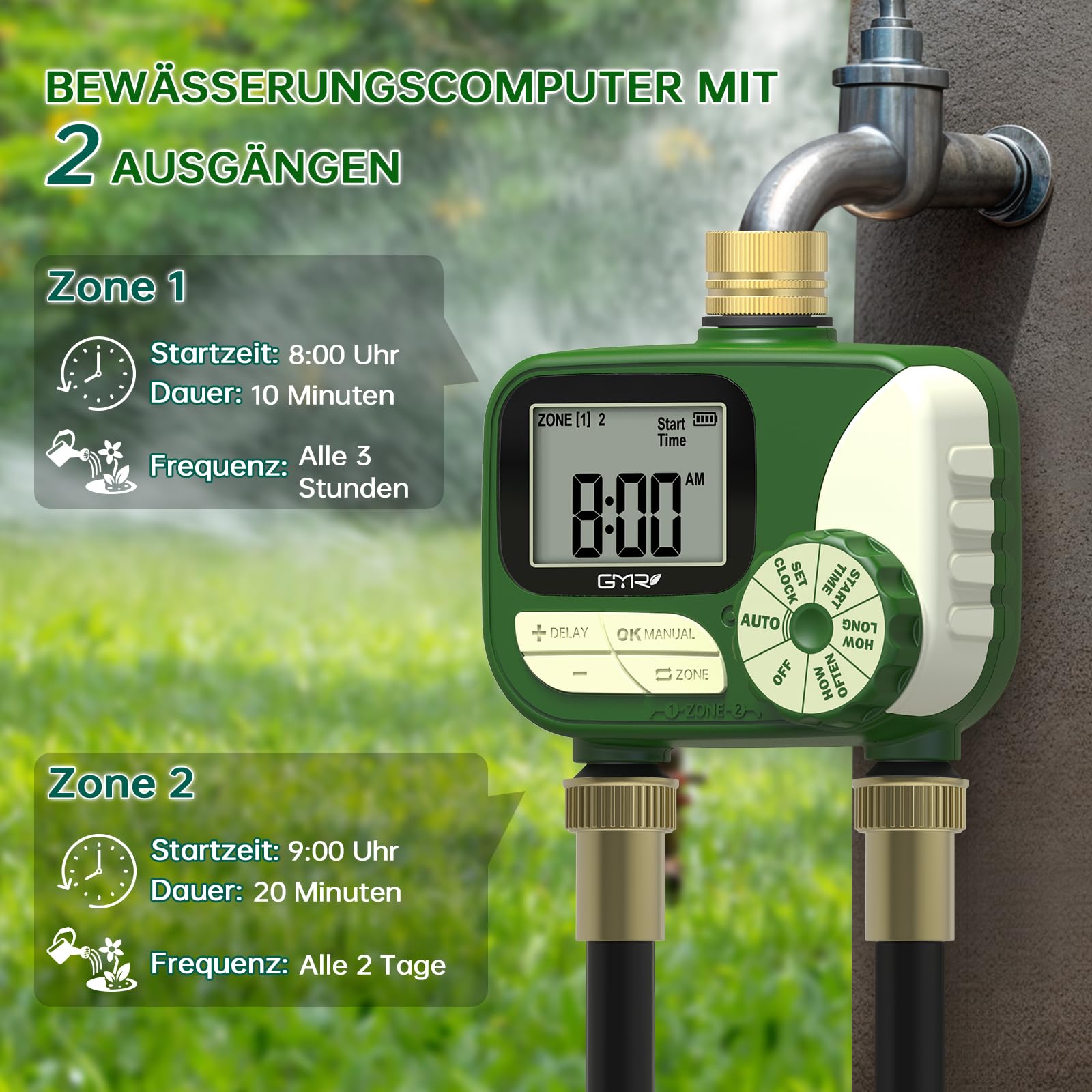 GMR Bewässerungscomputer mit Messingeinlass, Bewässerungssteuerung für Gartenschlauch, Bewässerungsuhr mit Regenverzögerung/Manuell/Automatisch, Bewässerungssystem für Garten, 2 Ausgänge