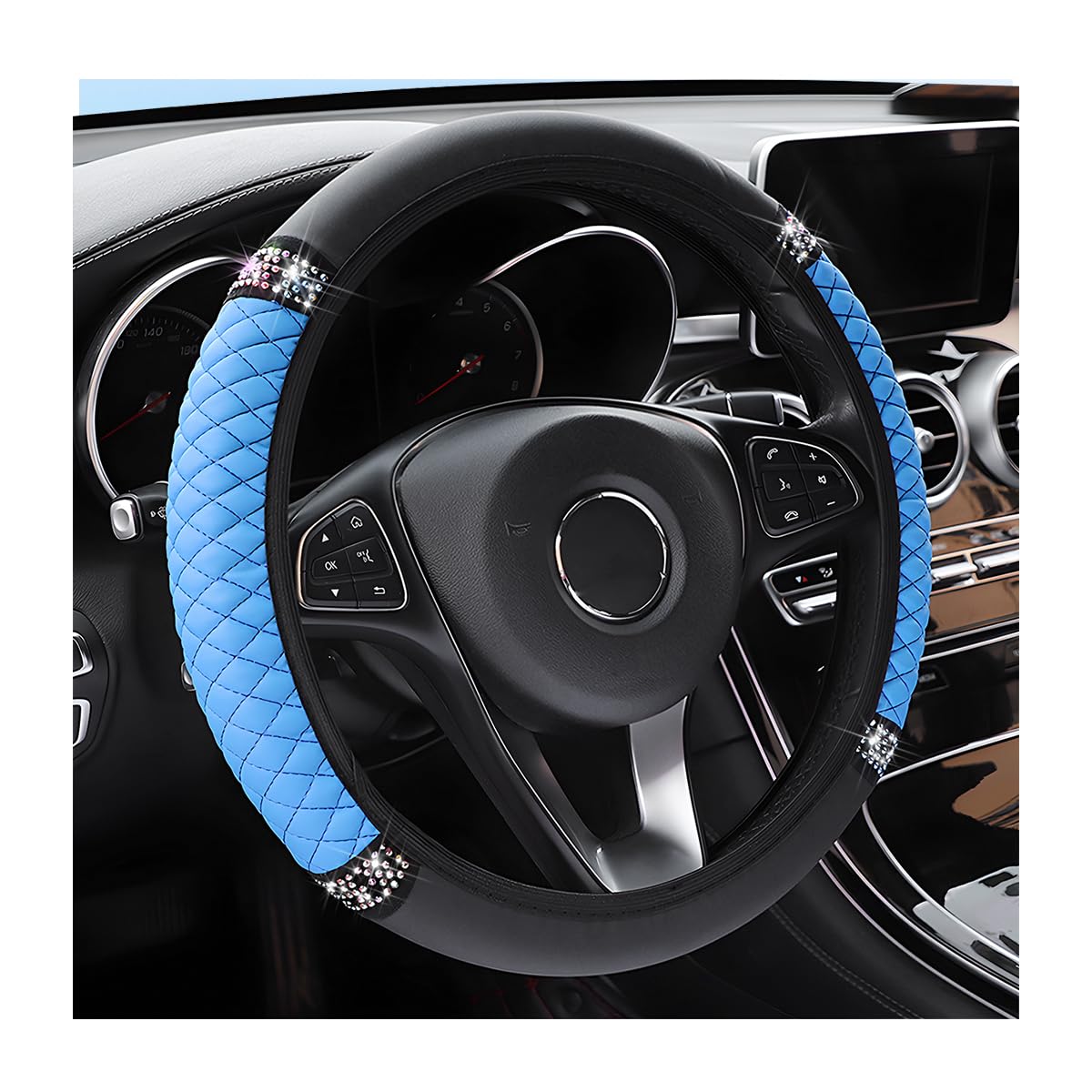 Osilly 15 Inch Rhinestone Leather Steering Wheel Cover, Blue