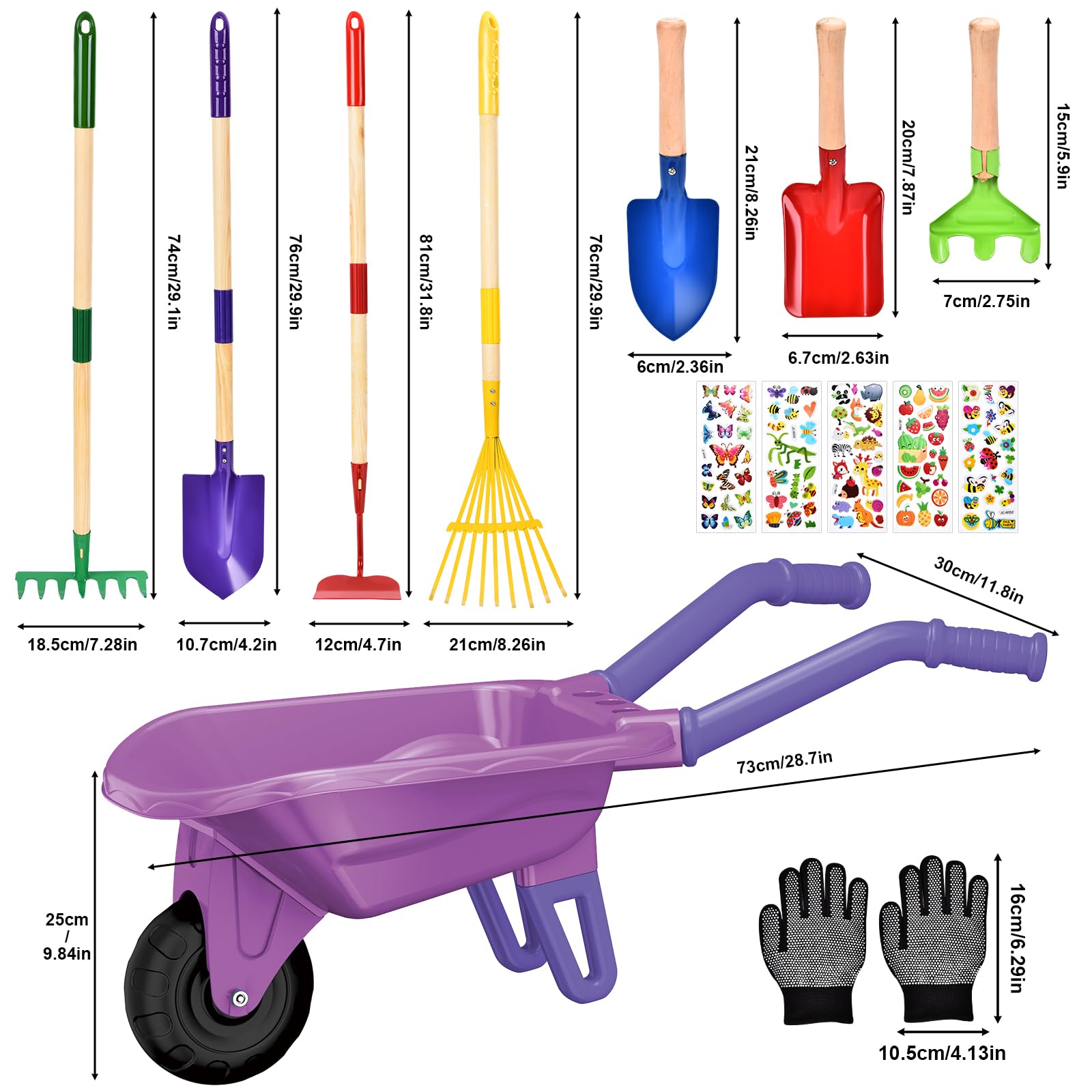 JONRRYIN Set de Jardinería con Carretilla, Herramientas y Guantes para Niños - Incluye Pala, Rastrillo y Accesorios, Carretilla de Jardín, Juego de Exterior para Pequeños Jardinería (Morado)