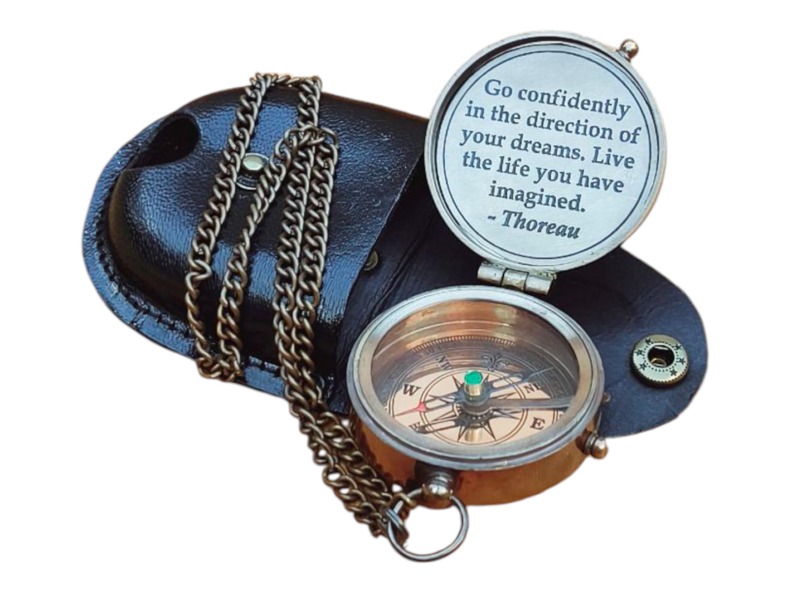 Collectibles Gallery Brújula de latón hecha a mano con funda de cuero, brújula de bolsillo pequeña, material: latón (ve con confianza en la dirección de tus sueños, vive la vida que has imaginado)