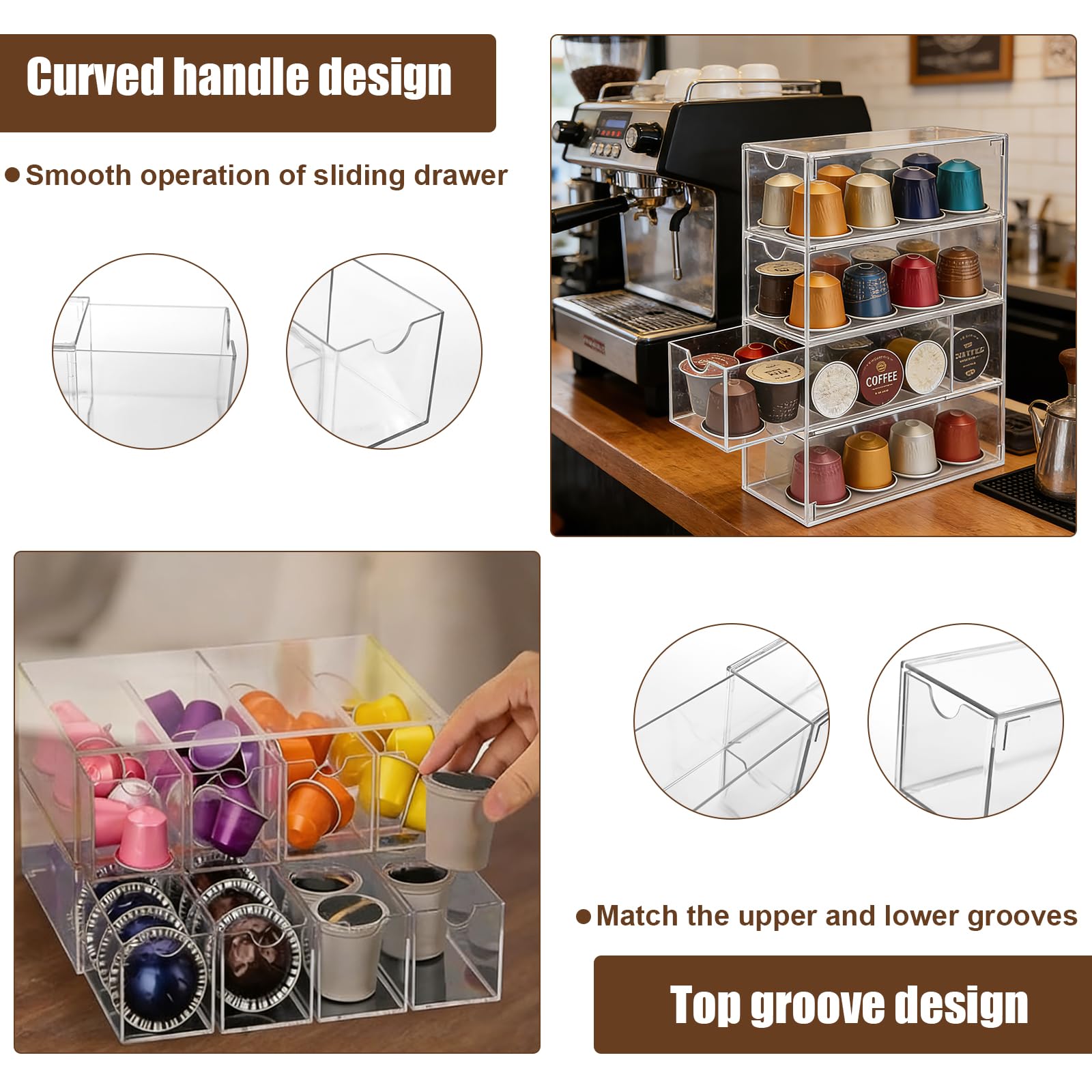 Cajón de almacenamiento para cápsulas de café, soporte transparente para cápsulas de café, 24,7 x 17,6 x 6,6 cm, cesta de cápsulas de café de acrílico con 4 particiones, para Nespresso, Dolce Gusto - 4