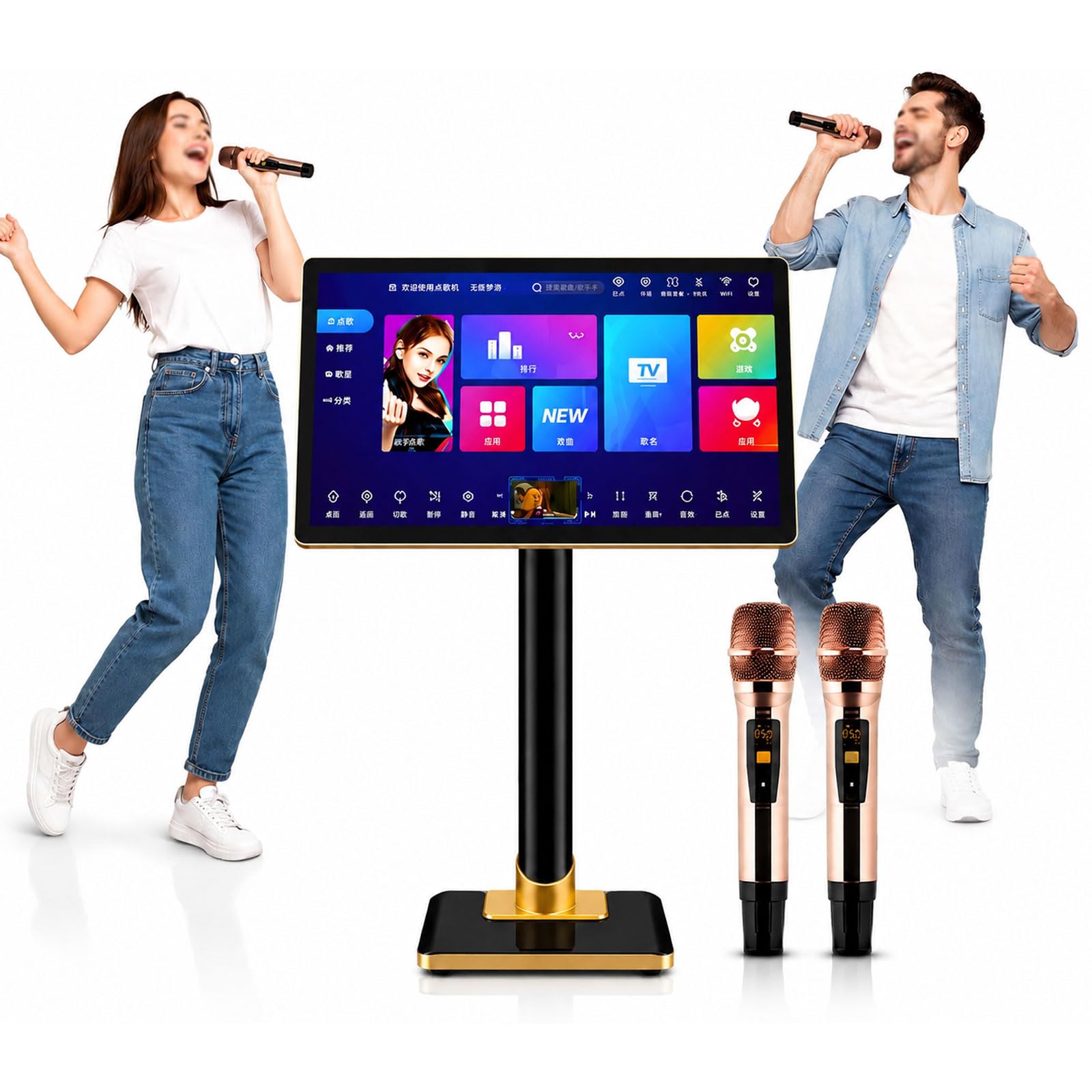 21,5" Smart Karaoke-Anlage Mit Touchscreen & Kabellosen Mikrofonen, Integriertem DSP-Audioprozessor, WLAN/App-Songsteuerung, Home-KTV-System Für Partys Und Bars