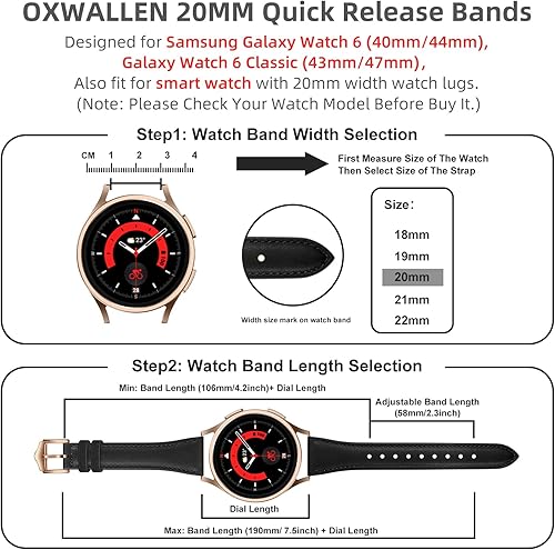Miniatura 4 de OXWALLEN Correa de reloj de piel de liberación rápida de 0.78 pulgadas compatible con Samsung Galaxy Watch 6 5 4 Band 1.575 in 1.732 inWatch 5 Pro