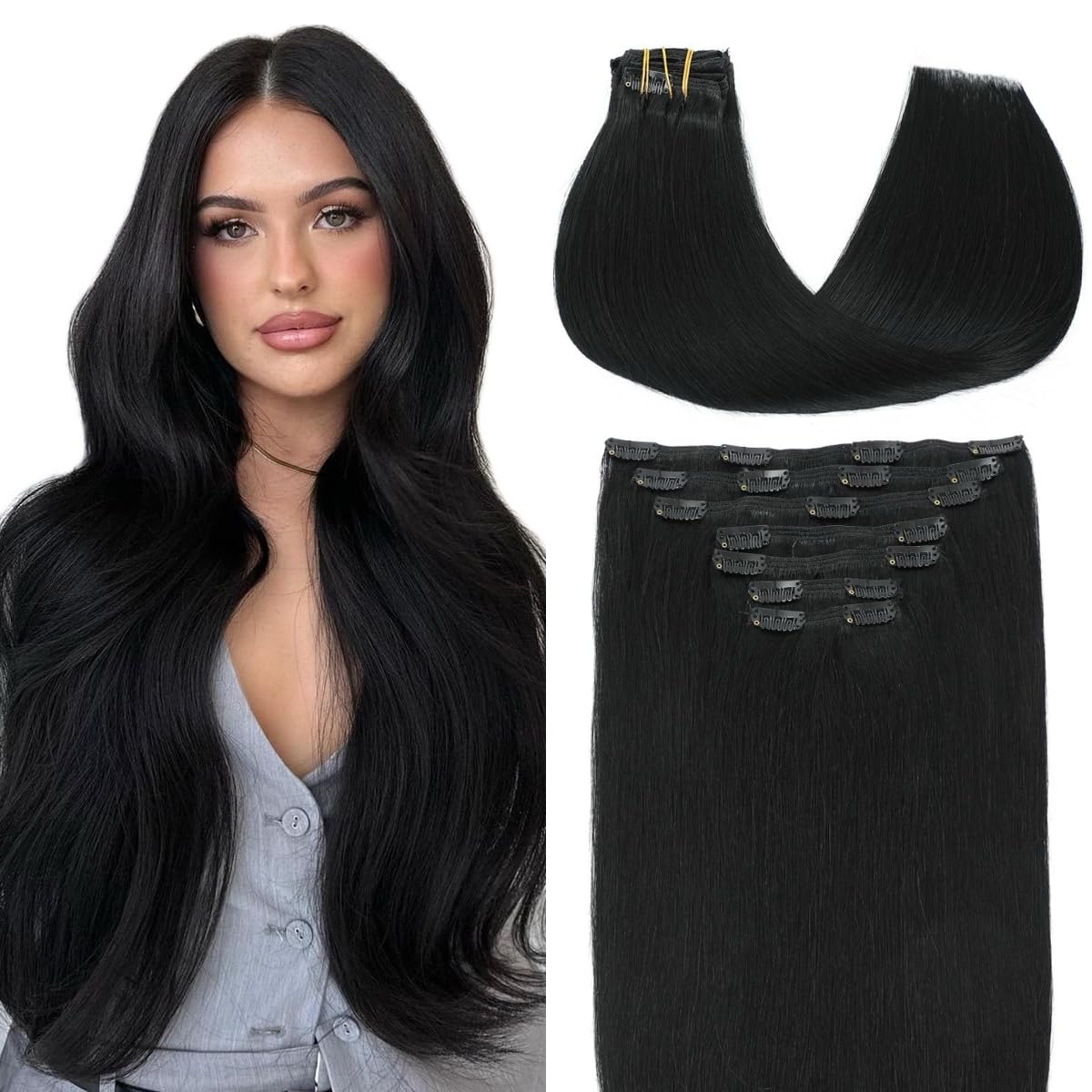 VINBAO Clip in Extensions Echthaar Remy Natürliche Echthaar Extensions 6 Stück Haarverlangerung Echthaar Clip Natural Hair Extensions Clip in Glatt