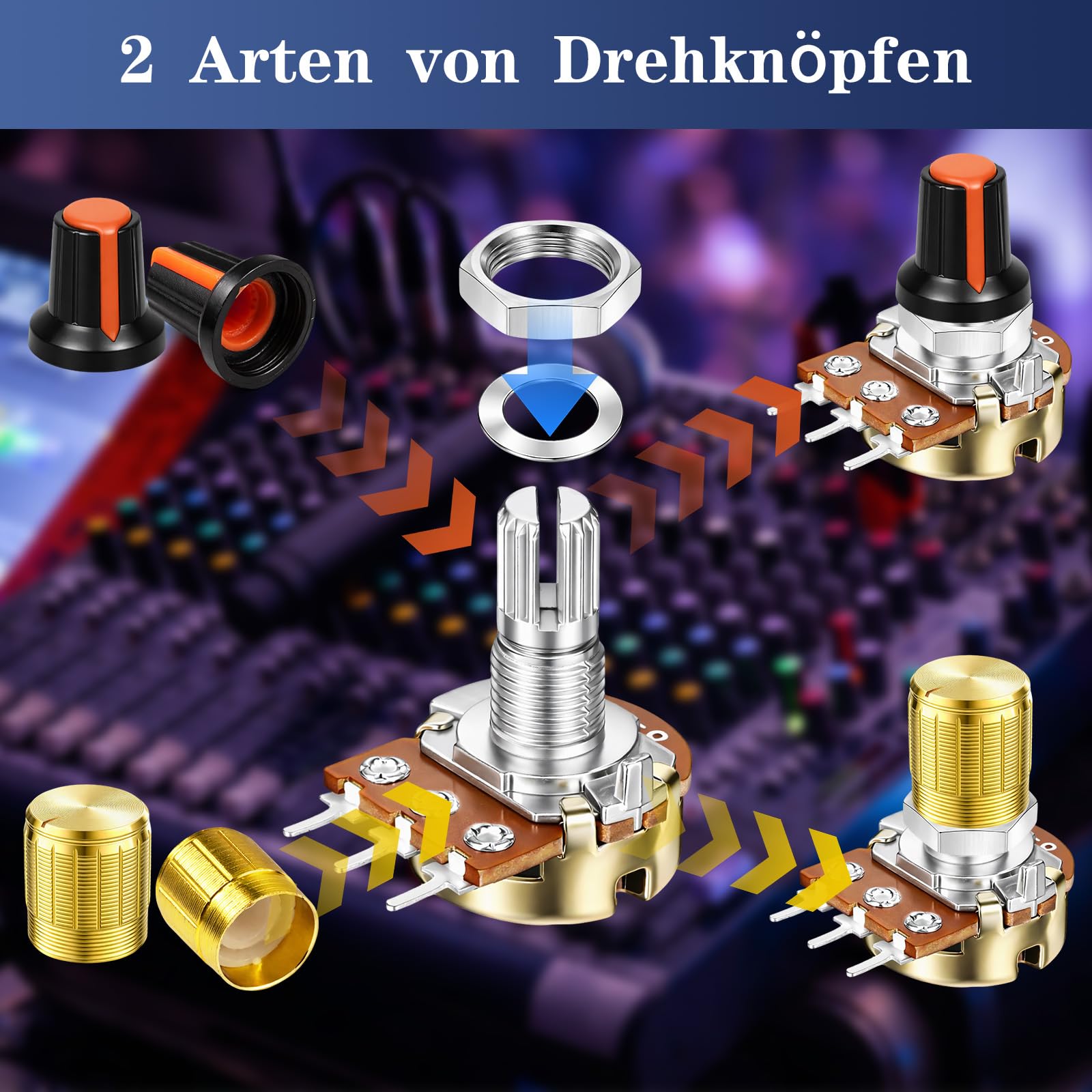111Stück Potentiometer Kit, Potentiometer Mono Linear B1K B5K B10K B20K B50K B100K B250K B500K B1M Ohm WH148 Drehpotentiometer, 3 Klemmen B Typ Einzelpotentiometer mit Muttern, Unterlegscheibe, Knopf