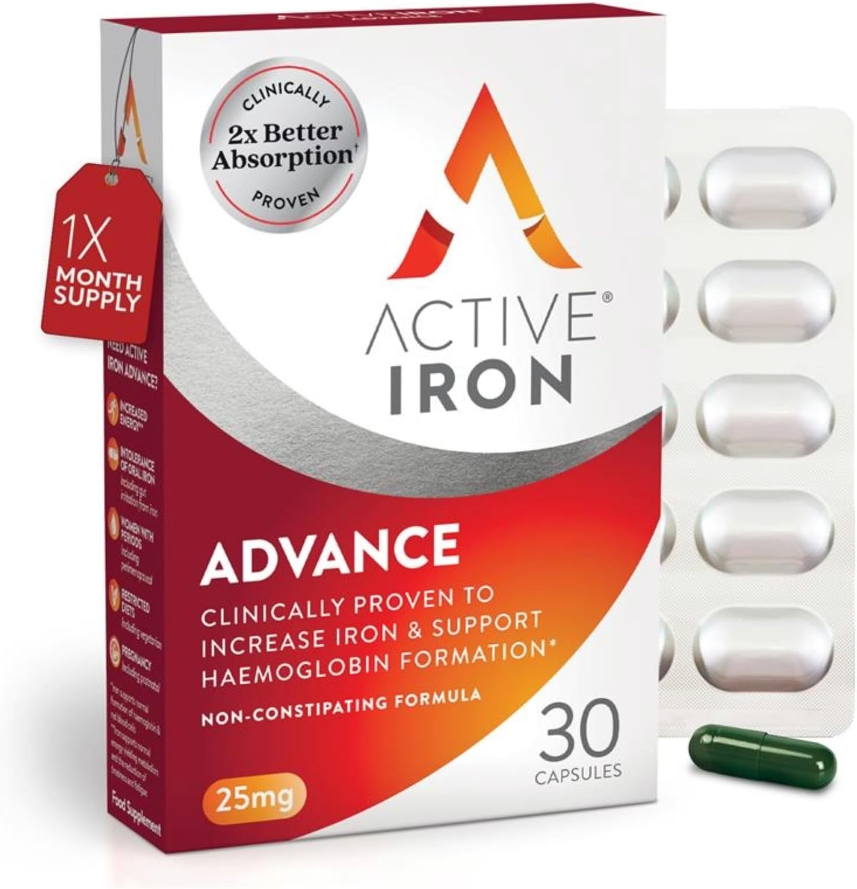 Active Iron Advance Supplement 25 mg - Clinically Proven to Increase Iron & Energy Levels - Gentle, Non-Constipating, Highly Absorbed - 30 Capsules, 1 Month Supply