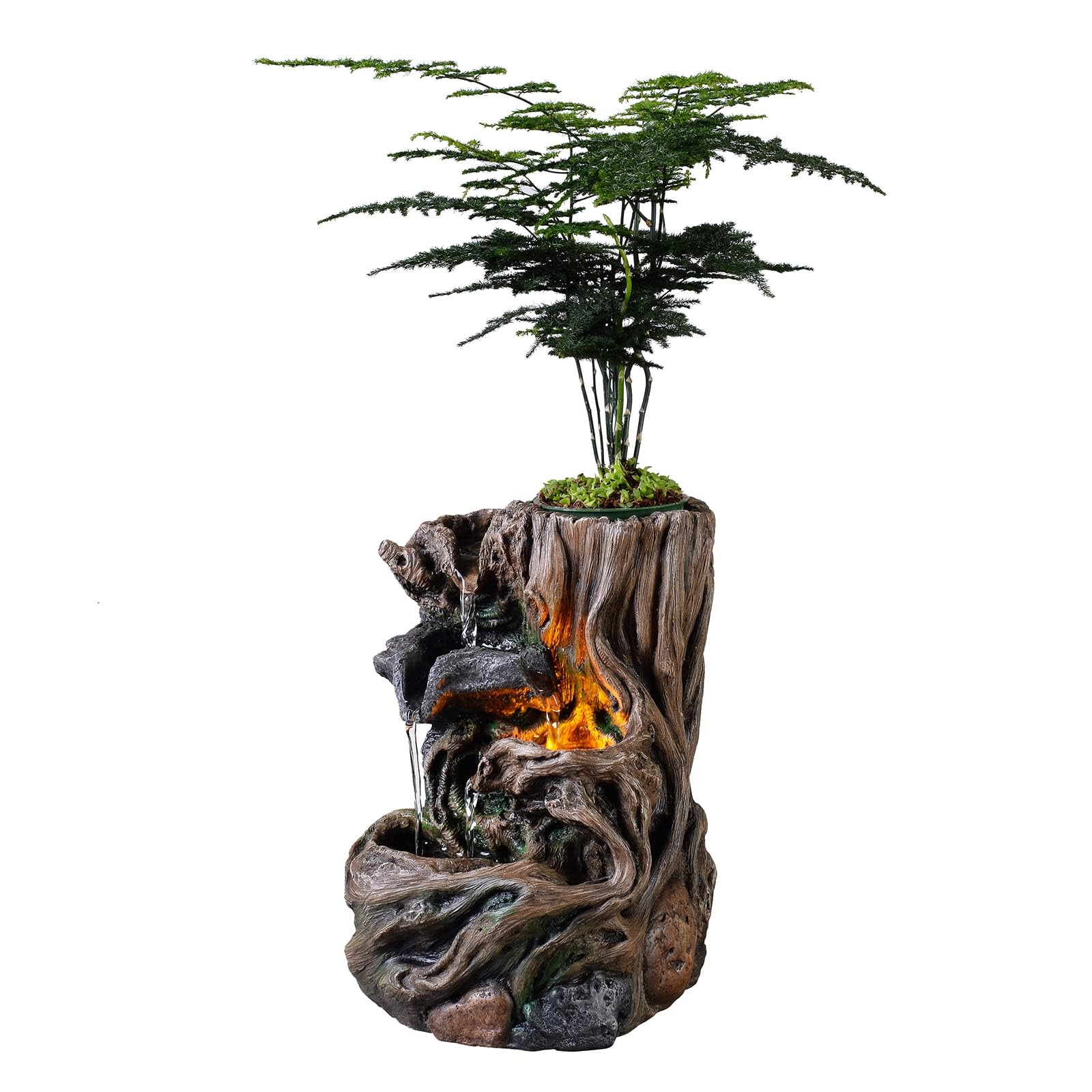 Kalona Tree Fountain 9.6" Indoor Waterfall Tabletop Fountain for Home Decor, Meditation, and Relaxation - Resin Stump with LED Lights and Soothing Sound - Perfect for Plants Décor