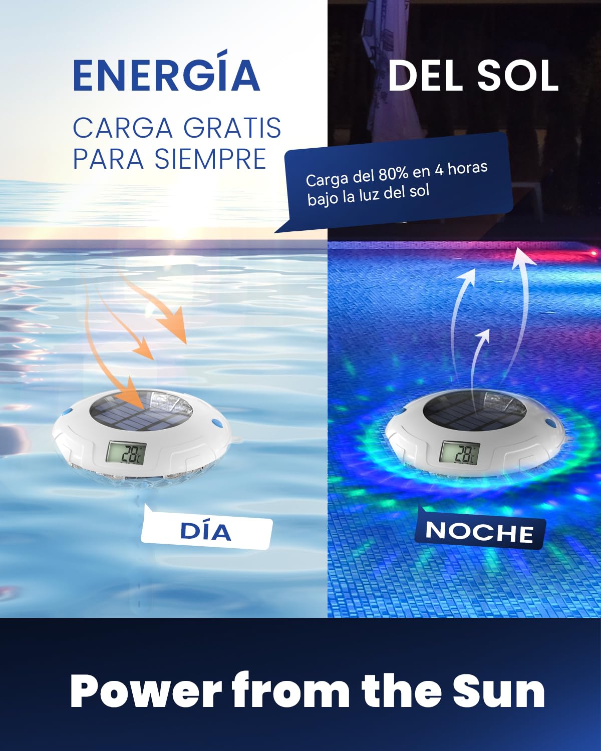 Luz solar para piscina con doble pantalla LCD, termómetro flotante para piscina de fácil lectura, 8 efectos de iluminación dinámicos, termómetro digital impermeable IPX7