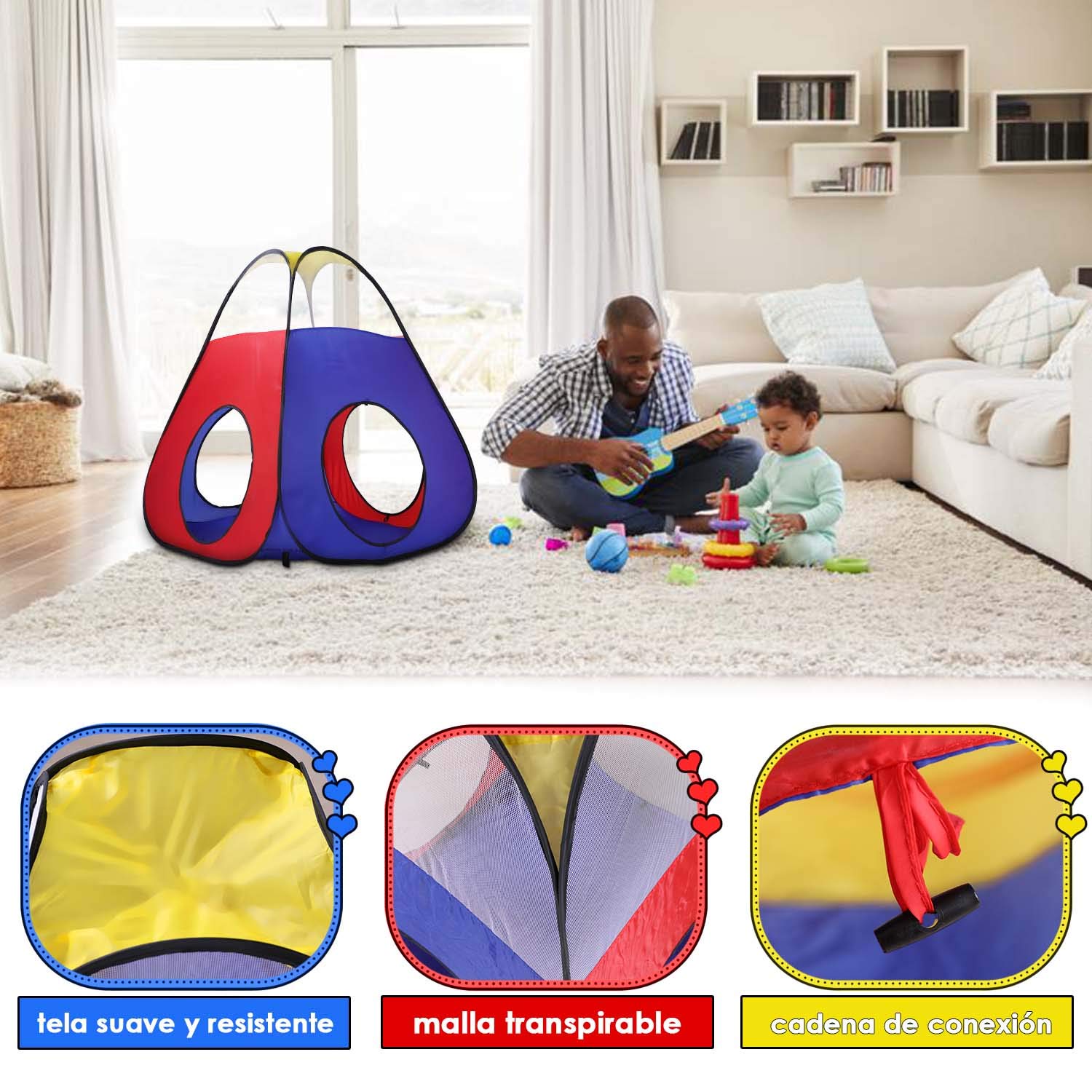 Opret Tienda Campaña Infantile 4 en 1 Pop-up Casita Infantil con Tunel Parque Infantile Plegable para Jardín y Casa, Regalo de Cumpleaños para Niños