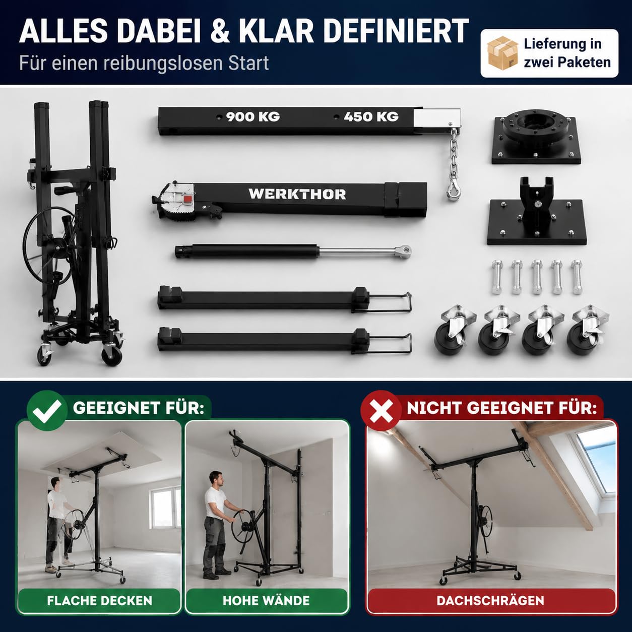 Werkthor Leve Plaque Placo XXL jusqu'à 68 kg – Lève-Plaques Professionnel 140-350 cm – Lève Plaque de Placo pour Plaques de Plâtre et Cloisons Sèches – 3 Roues avec Frein – Support jusqu'à 68 kg
