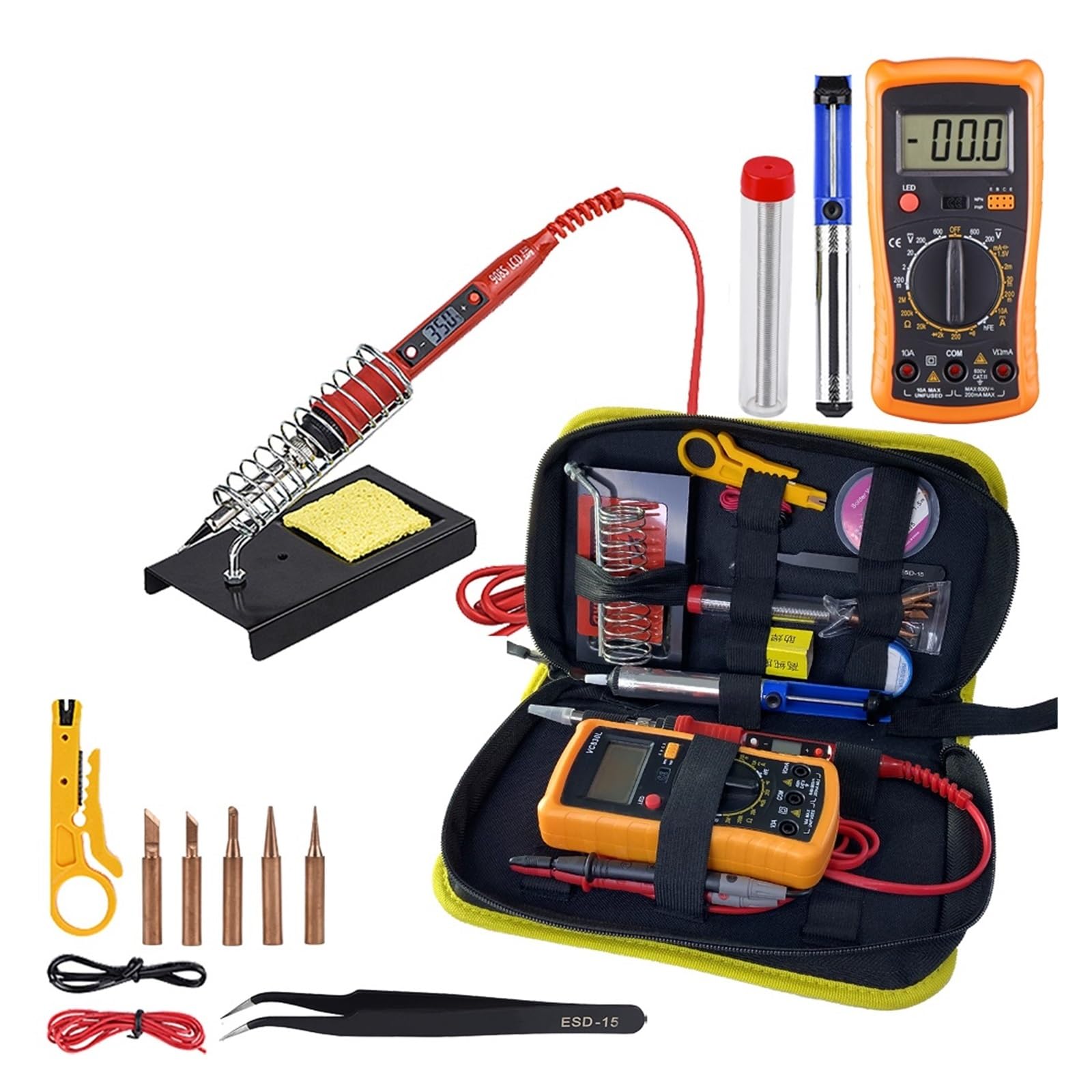 Kit De Pistola For Soldar Con Multímetro Digital Temperatura Ajustable 80W LCD Herramientas Soldadura Puntas Calentador Cerámica Calentamiento Preciso(Brass)