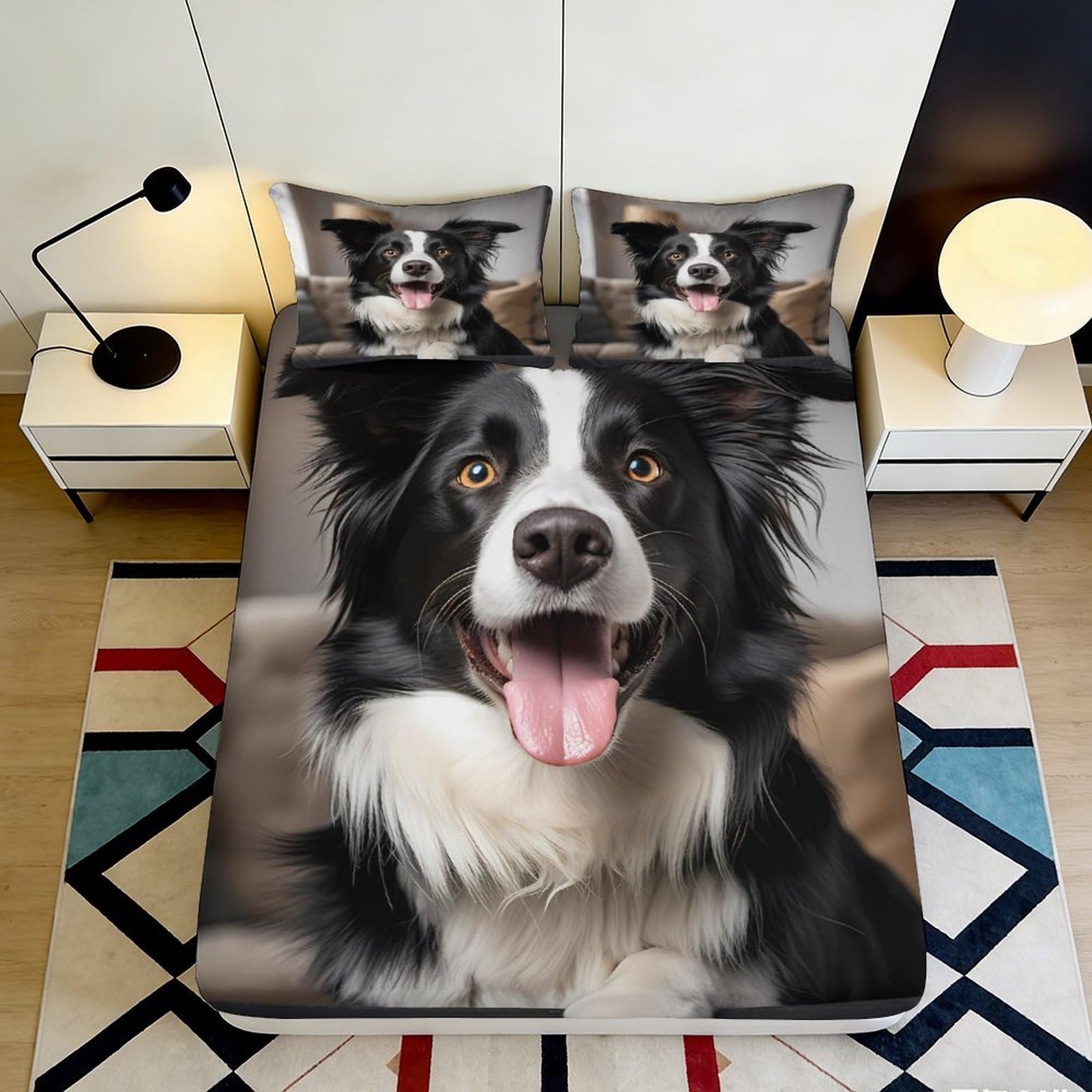3D Printed Border Collie Fitted Sheet Microfiber Soft Breathable Dog Print Bed Cover for Bedroom Dormitory Guest Room Mattress Protection Decor 90x200x25cm