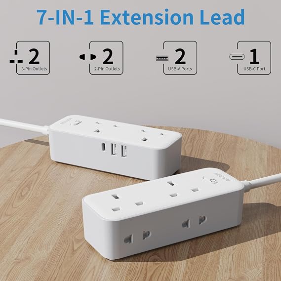 2M Extension Lead with 3 USB Slots, Mscien Shaver Plug Adaptor UK 2 Way with 13A Fuse, Extension Cable 2 Metre with Wall Mountable, Power Strip for Electric Toothbrush, Shaver (3250W)