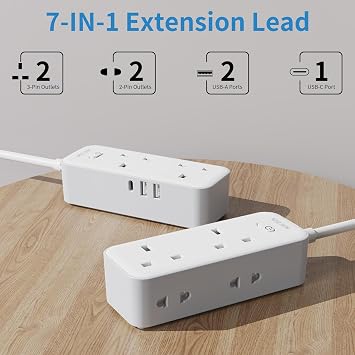 2M Extension Lead with 3 USB Slots, Mscien Shaver Plug Adaptor UK 2 Way with 13A Fuse, Extension Cable 2 Metre with Wall Mountable, Power Strip for Electric Toothbrush, Shaver (3250W)